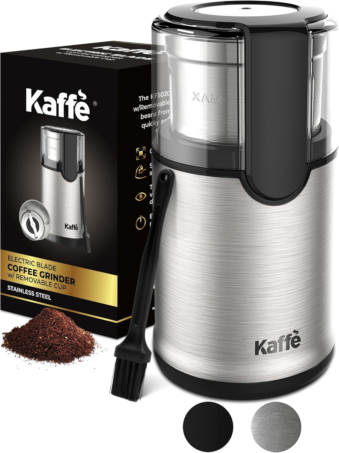 Kaffe Electric Blade Coffee Grinder w/Removable Cup. 4.5oz 14-Cup Capacity. Cleaning Brush Included. Perfect Grinder for Coffee, Tea, Spices, Corn, Herbs. (Stainless Steel)
