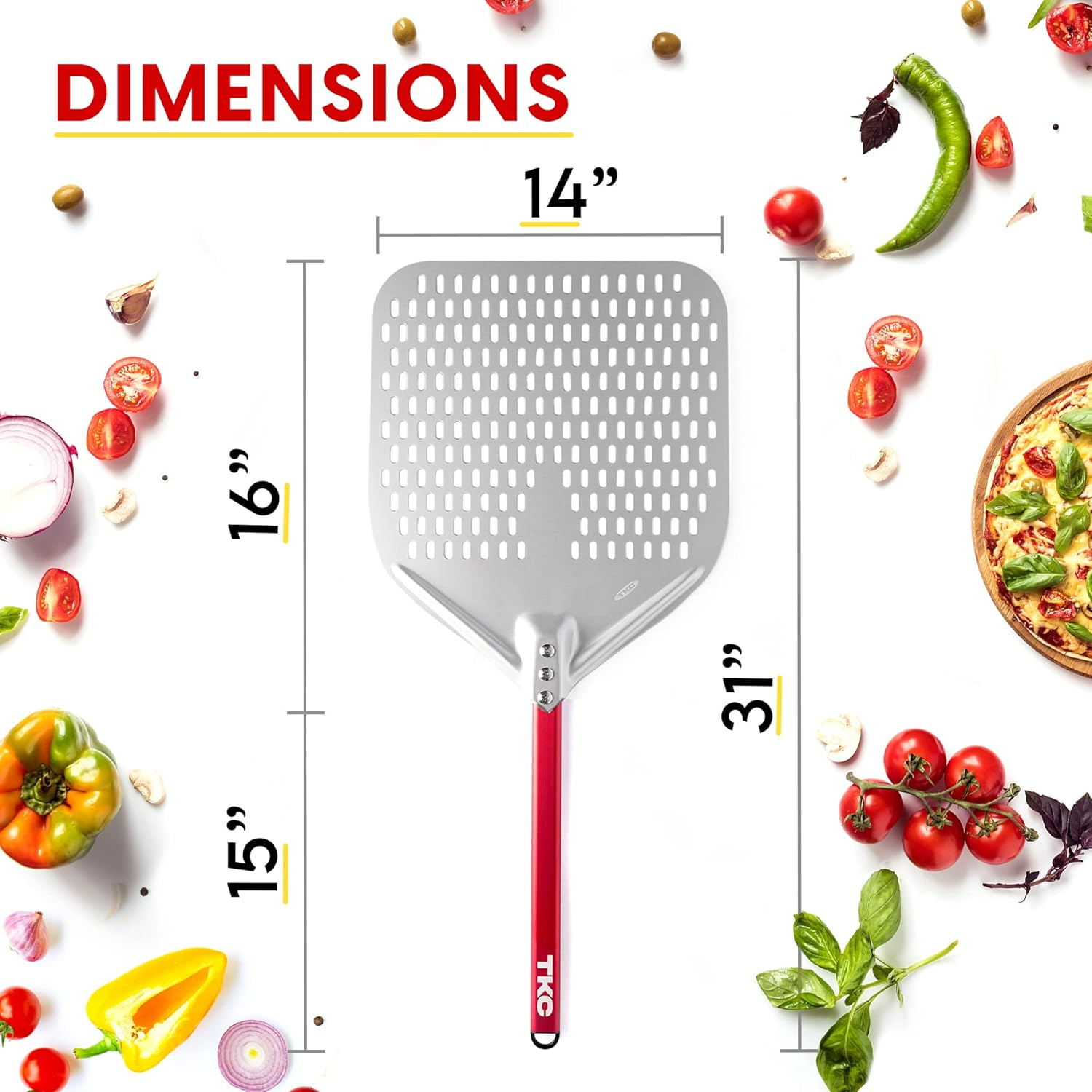 TKC Perforated Pizza Peel 14 Inch, Professional Aluminum Pizza Turning Peel, Long Handle Metal Pizza Spatula for Indoor and Outdoor, Lightweight Non-Stick, Ooni Pizza Oven Accessories