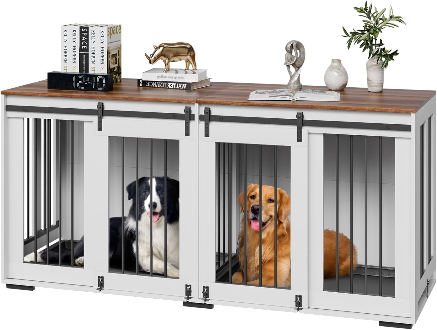 VEVOR 72"Dog Crate Furniture for 2 Dogs,Double Dog Crate Furniture with Double Sliding Doors,Large Dog Crate TV Stand with Removable Tray,Steel Frame Double Dog Crate for Small,Medium,Large Dogs White