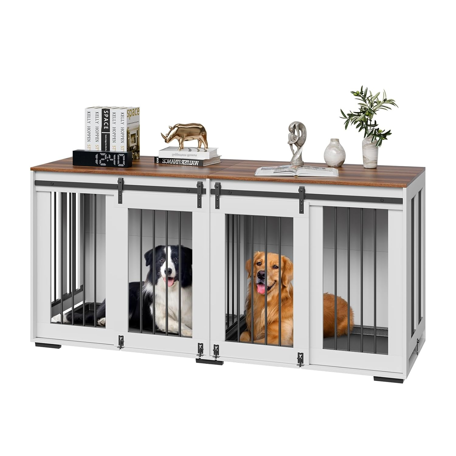 VEVOR 72"Dog Crate Furniture for 2 Dogs,Double Dog Crate Furniture with Double Sliding Doors,Large Dog Crate TV Stand with Removable Tray,Steel Frame Double Dog Crate for Small,Medium,Large Dogs White