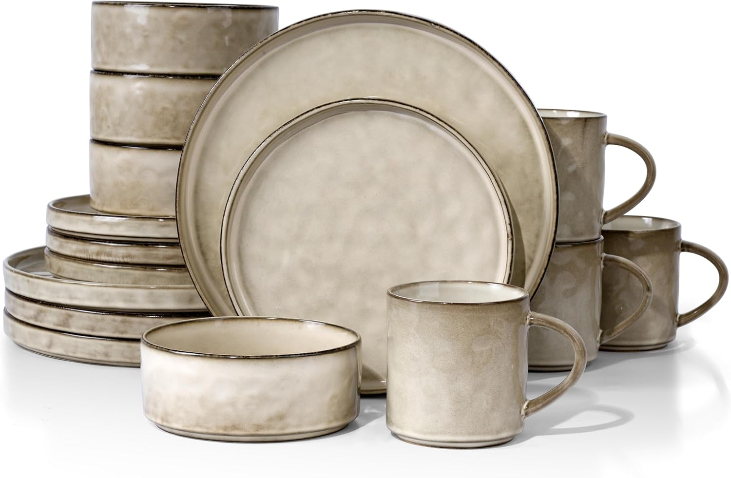HaWare Dinnerware Sets, 16-Piece Stoneware Dinner Plates and Bowls for 4, Reactive Glaze Dishes Mug, Chip & Scratch Resistant, Microwave & Dishwasher Safe - Reactive Khaki
