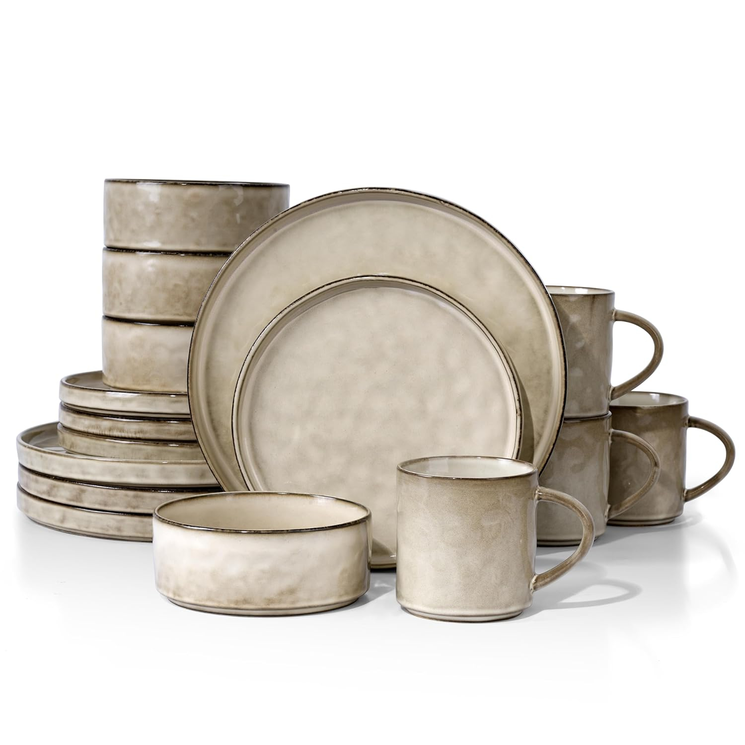 HaWare Dinnerware Sets, 16-Piece Stoneware Dinner Plates and Bowls for 4, Reactive Glaze Dishes Mug, Chip & Scratch Resistant, Microwave & Dishwasher Safe - Reactive Khaki