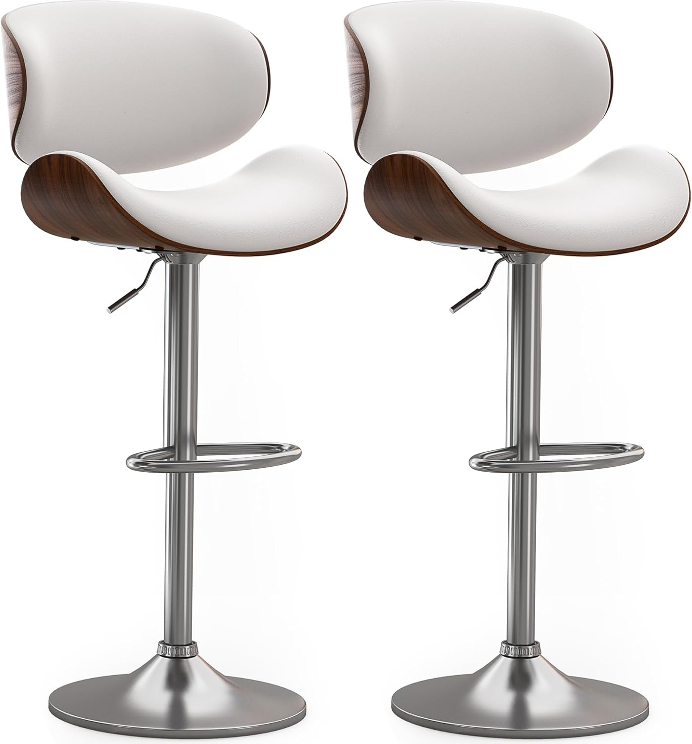 Bar Stools Set of 2, Bentwood Adjustable Height Swivel Bar Stools, PU Leather Upholstered Bar Chair with Back and Footrest for Bar, Kitchen, Dining Room, White