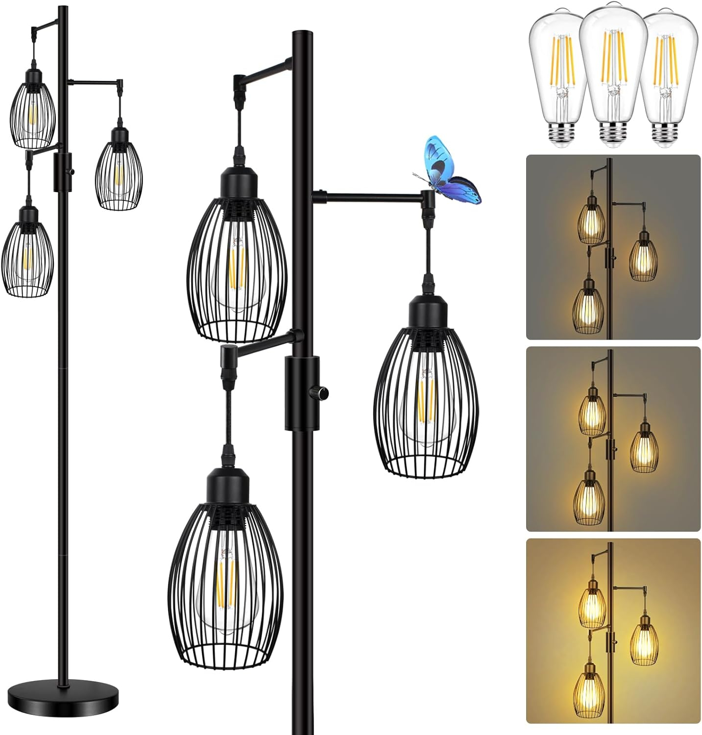 Black Industrial 65'' Steel Floor Lamp with Edison Bulbs