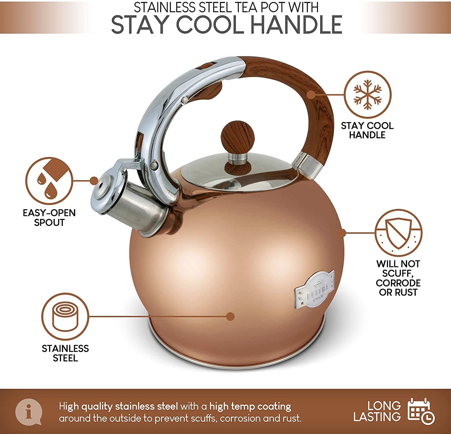 Elitra Stove Top Whistling Fancy Kettle - Stainless Steel Tea Pot with Ergonomic Handle - 2.7 Qt / 2.6 L - Rose Gold