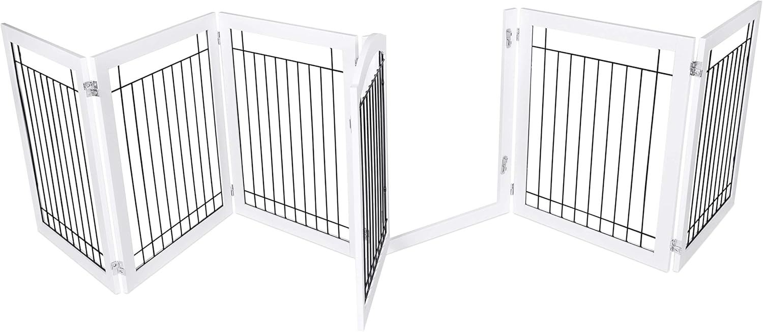 Expandable White Wood and Black Wire Freestanding Pet Gate