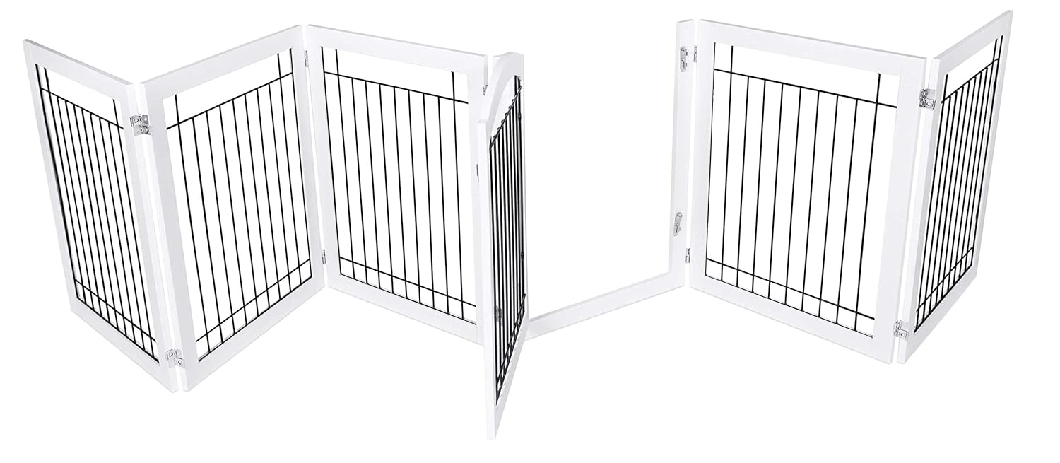 Expandable White Wood and Black Wire Freestanding Pet Gate