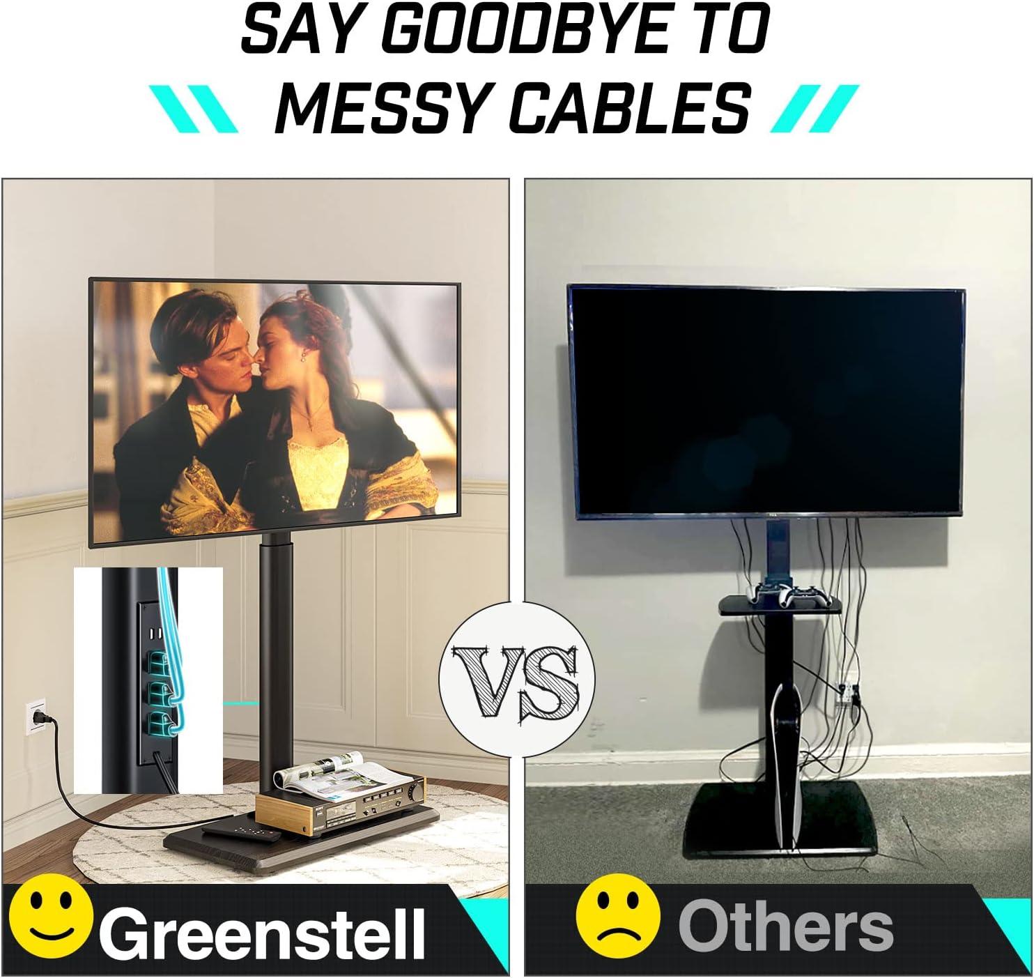 Greenstell TV Stand with Power Outlet, Universal Floor TV Stand for 32-75 inch TVs, Height Adjustable, Swivel Tall TV Mount Stand with Wood Base, Holds up to 110 LBs, Max VESA 600x400mm