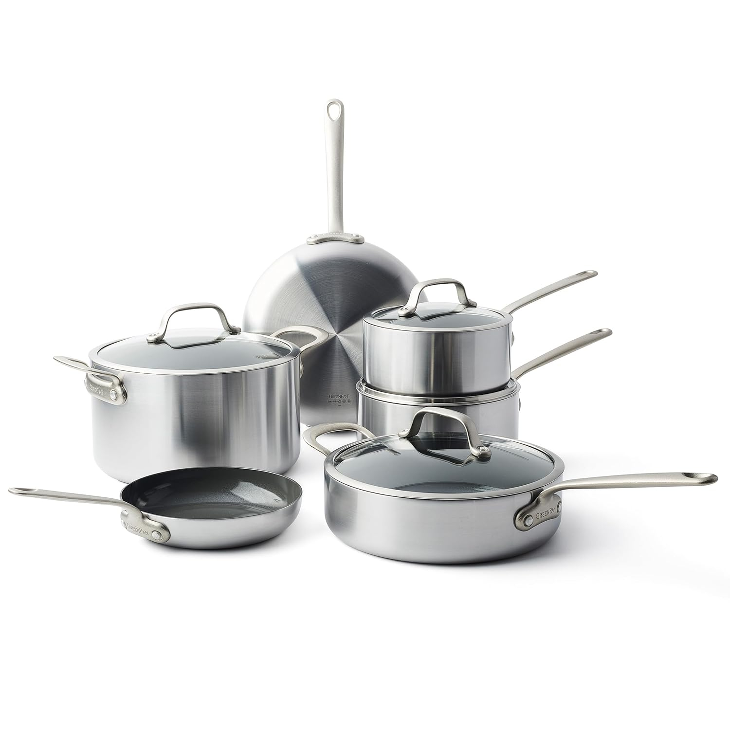 GreenPan Craft Steel 10-Piece Cookware Set with Bonus Pan Protectors, Silver
