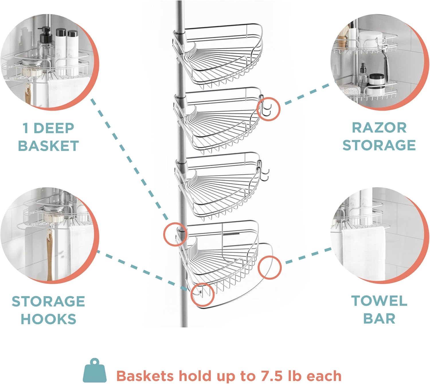 Zenna Home Tension Pole Shower Caddy 4 Basket Shelves with Built-in Towel Bar, Adjustable, 60 to 97 Inch, Chrome