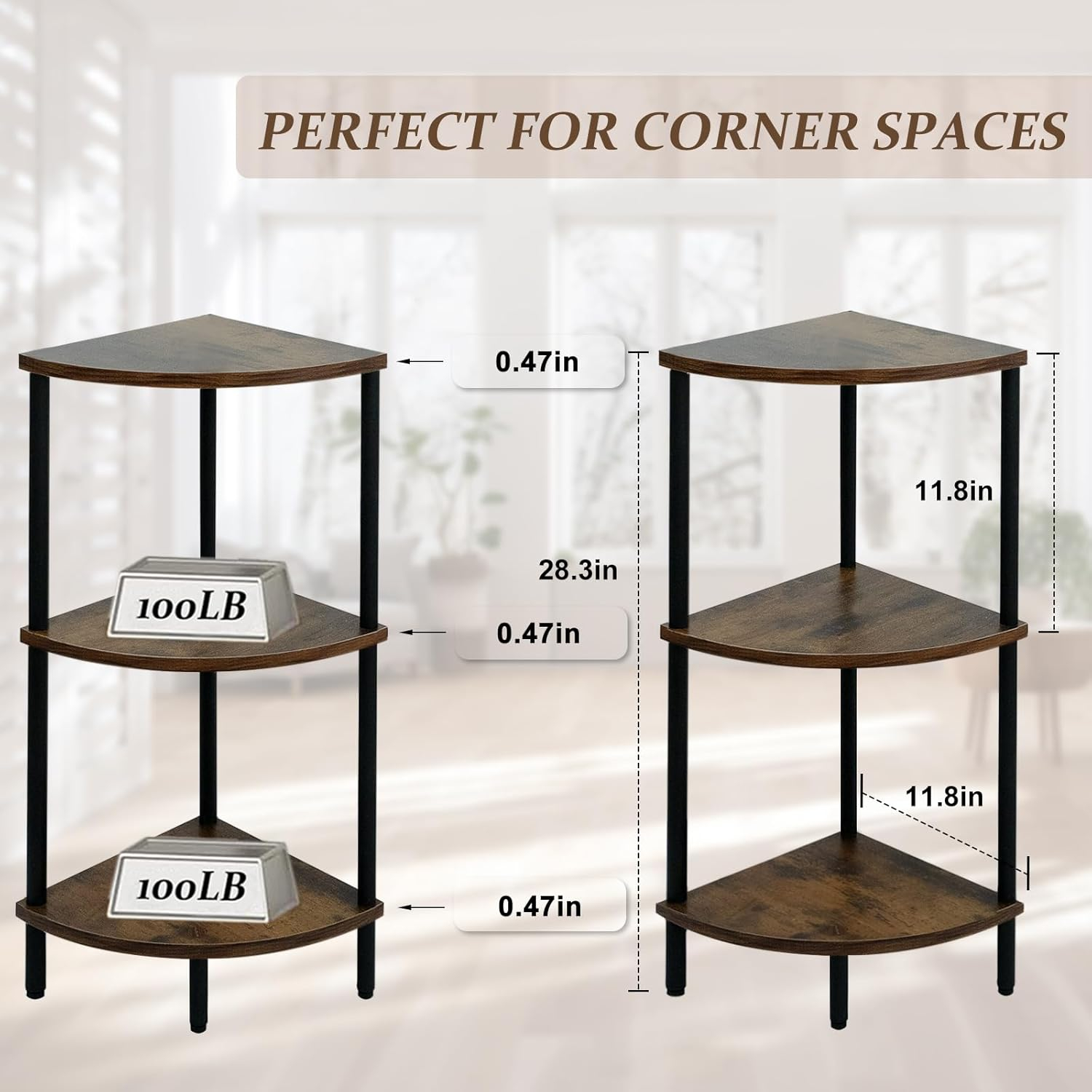 3 Tier Corner Shelf Stand, 28 Inch Rustic Industrial Corner Bookshelf, Storage Standing Shelf Unit, Plant Stand, Short Corner Table for Small Spaces in Living Room,Bedroom,Home Office