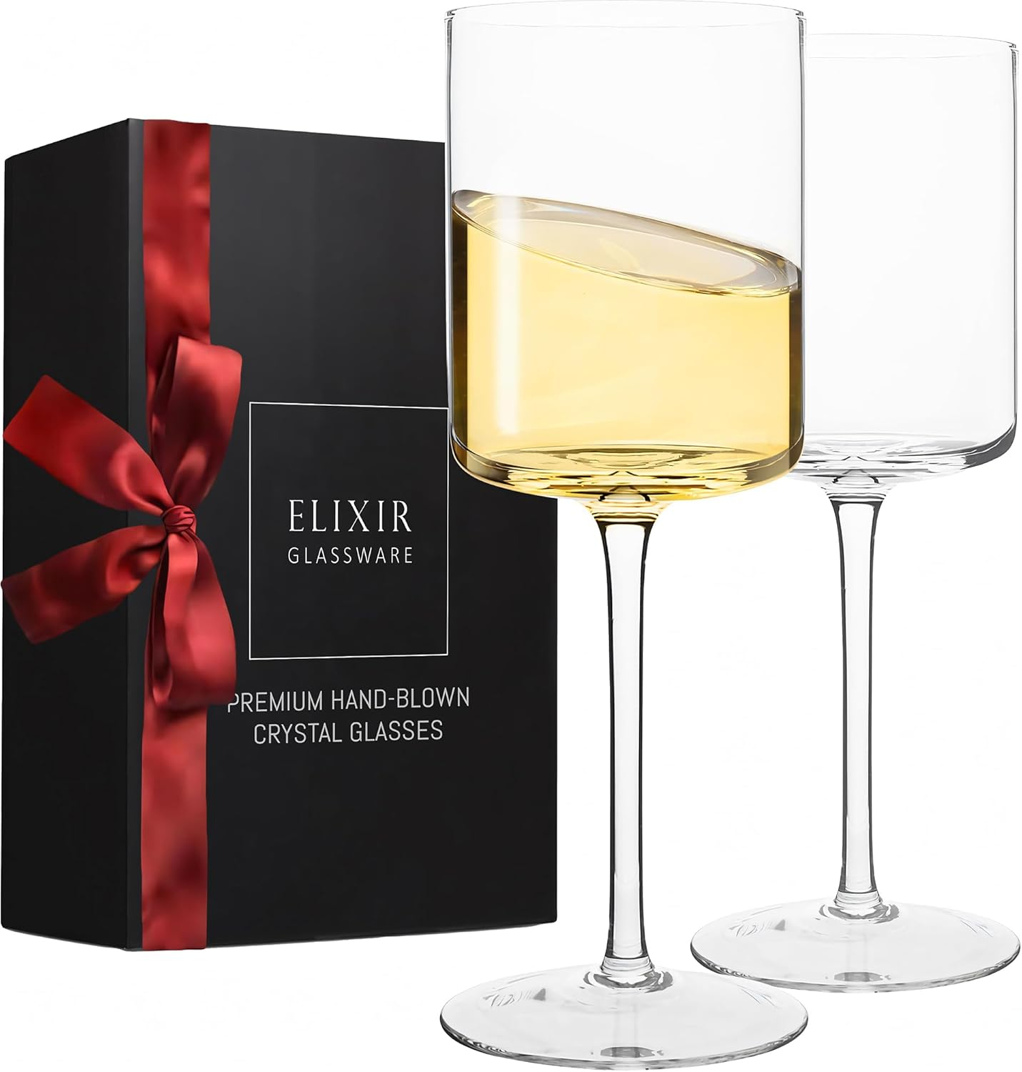 Elegant Square Crystal Wine Glasses with Red Ribbon Gift Box, Set of 2