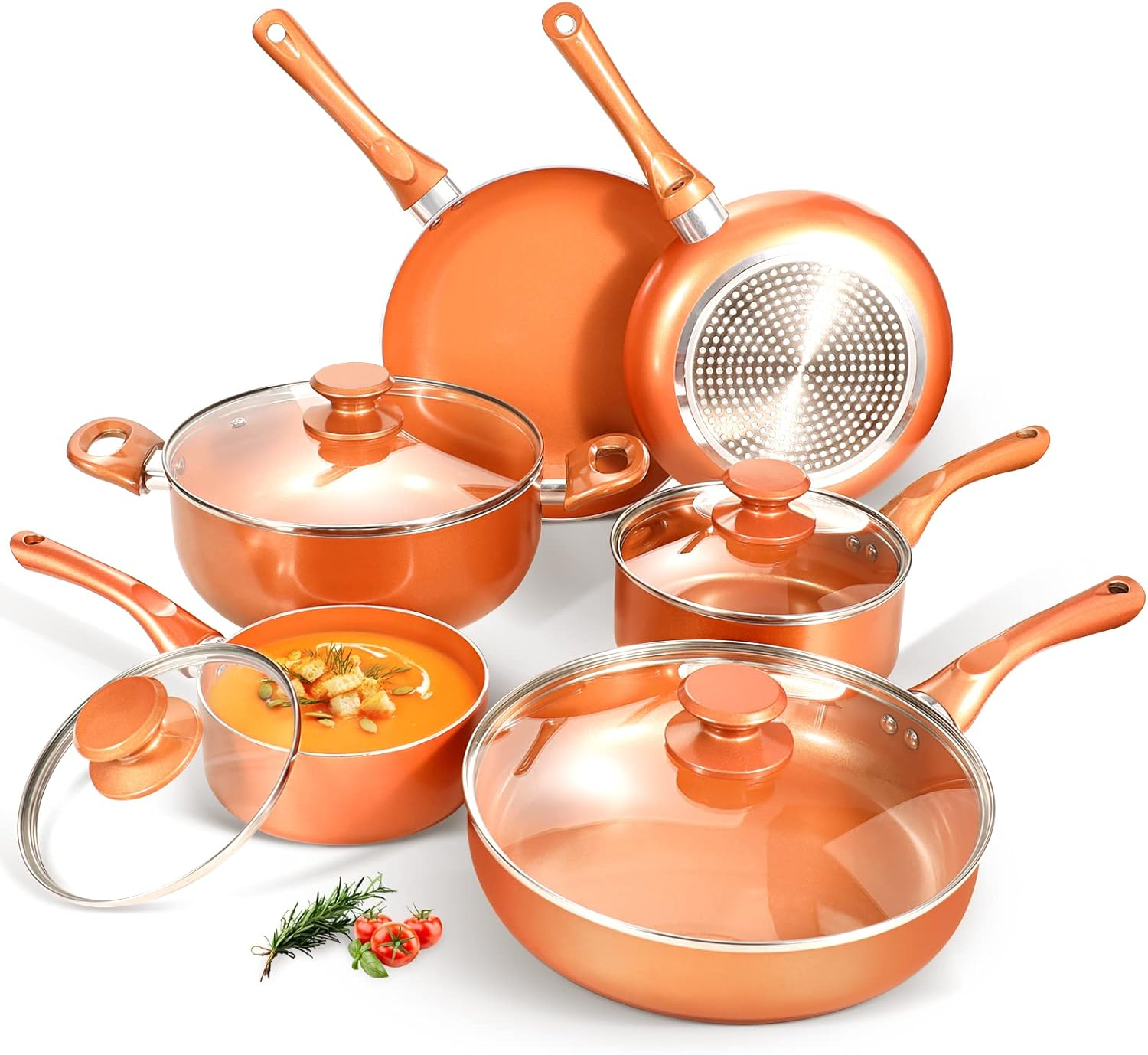 Clockitchen Non Stick Pots and Pan Set, 10pcs Cookware Set with Ceramic Coating, Non-toxic Cooking Pot, Compatible with All Stoves, Copper