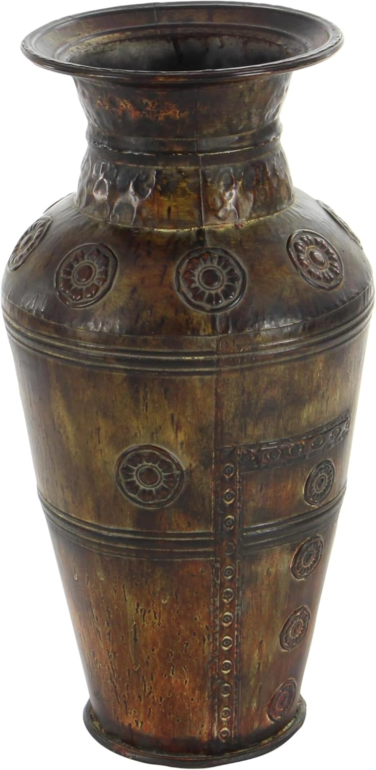 Deco 79 Metal Decorative Vase Indoor Outdoor Large Centerpiece Vases with Floral Relief, Set of 2 Flower Vases for Home Decoration 29", 22"H, Brown