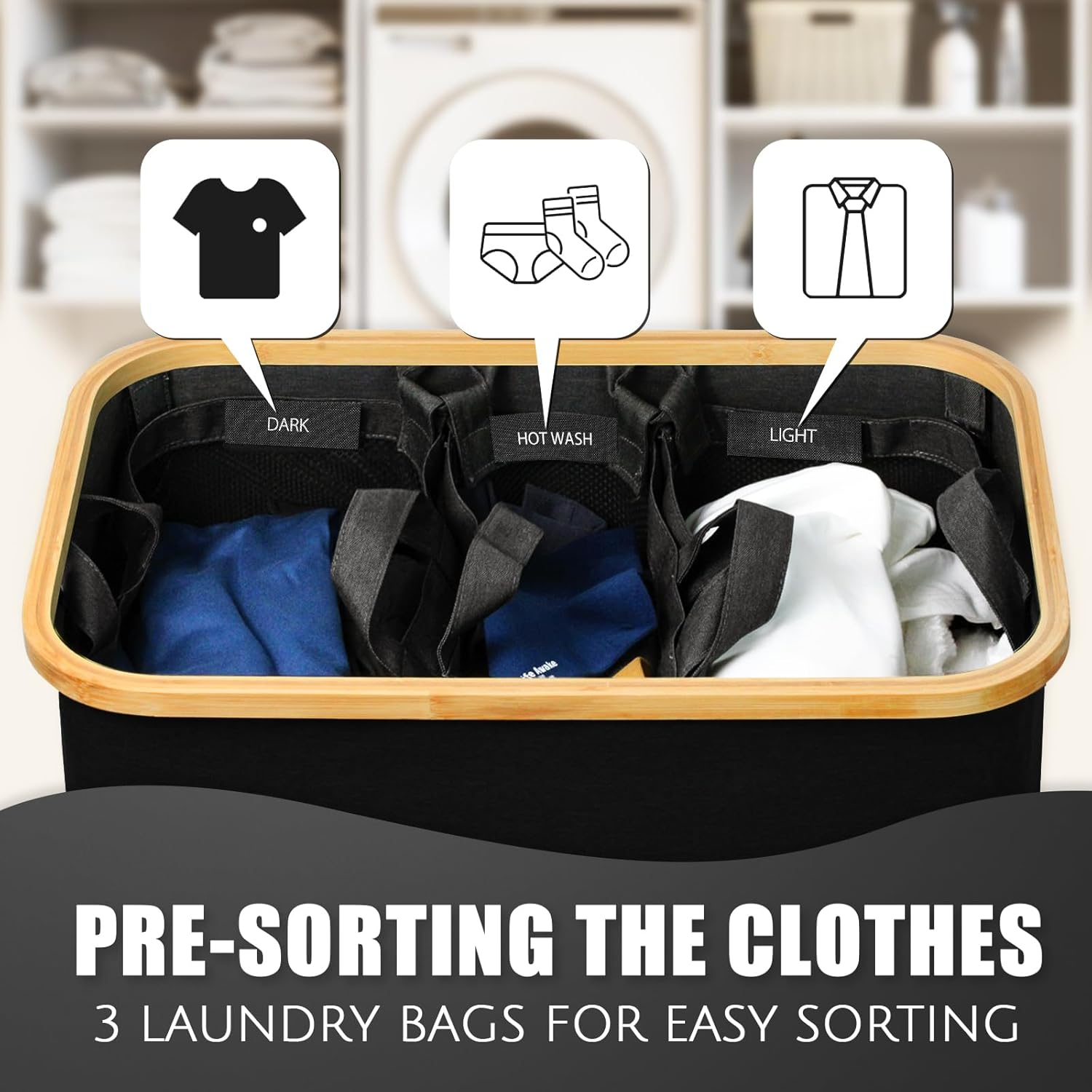 JASODI Laundry Hamper with Lid, 160L Extra Large Laundry Basket 3 Section Dirty Clothes Hamper for Laundry with Removable Laundry Bags