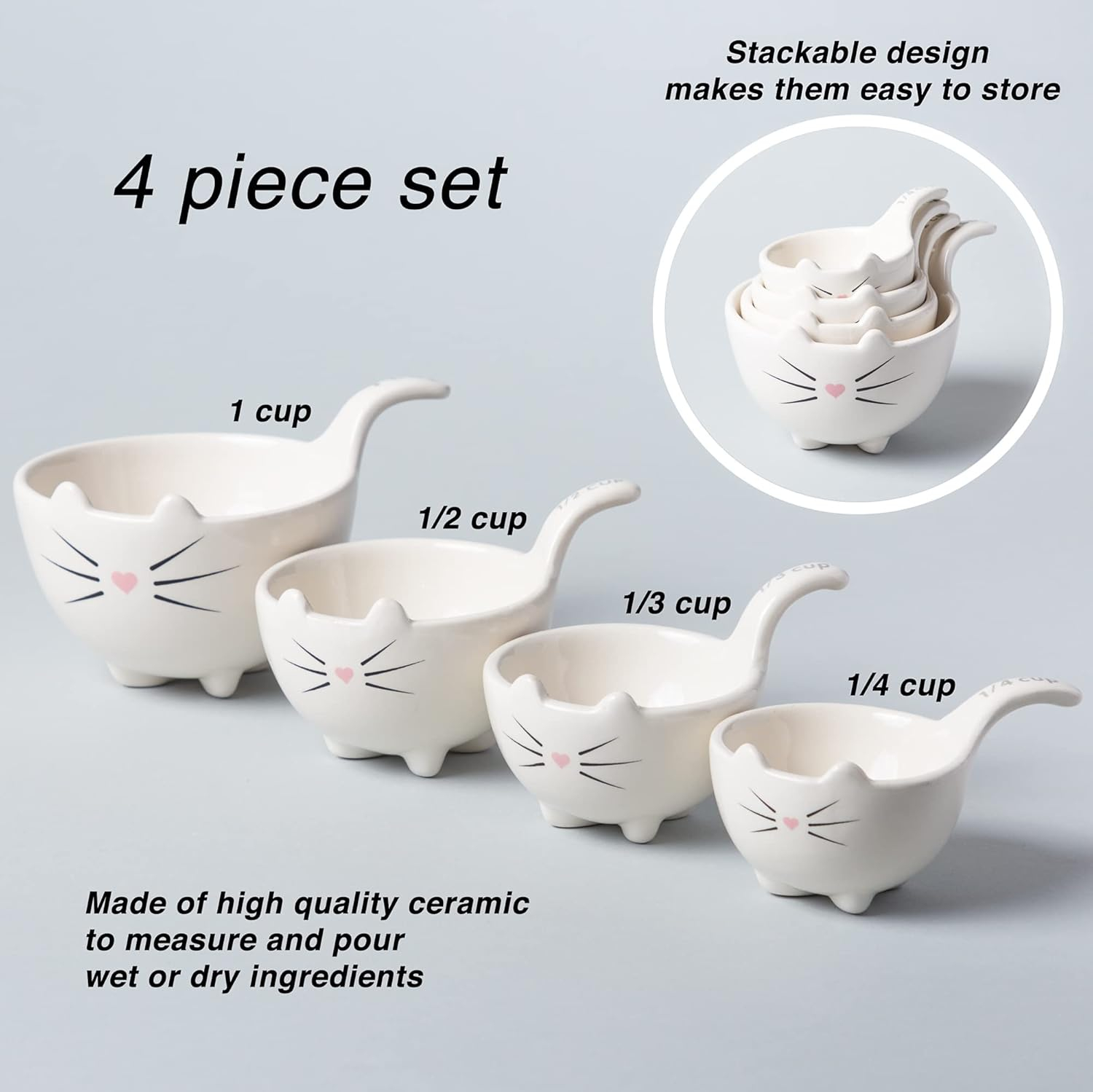White Ceramic Cat Measuring Cups: Set of Cat Shaped Bowls - 1 Cup, 1/2 Cup, 1/3 Cup and 1/4 Cup