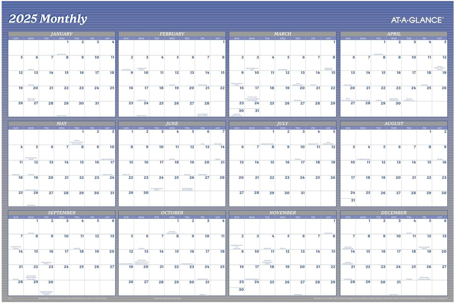 AT-A-GLANCE 2025 Vertical Horizontal Reversible Yearly Wall Calendar Blue Extra