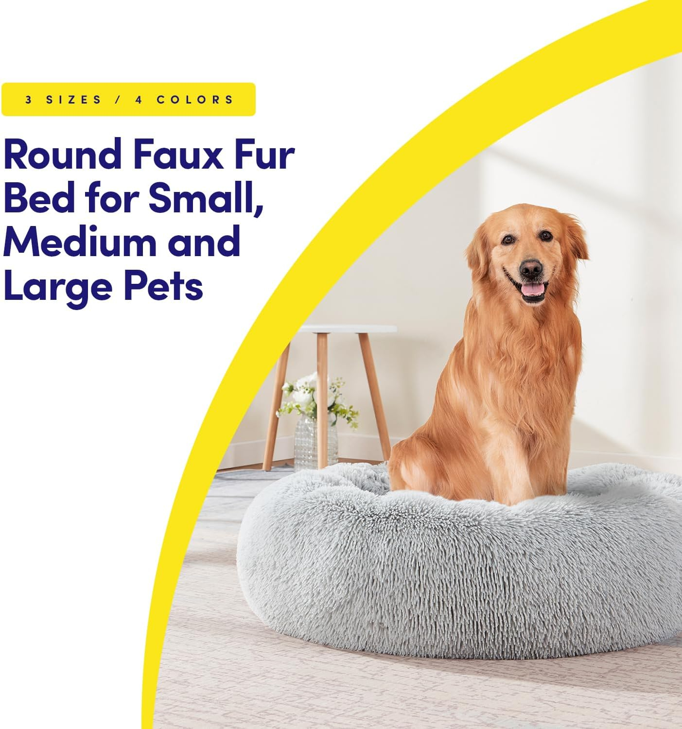 Dog & Cat Bed: Round Faux Fur Pet Bed - Plush, Cozy, & Calming Donut Bed for Medium Pets - Soft & Comfortable Sleeping Cushion for Napping & Lounging, 23" Round, Silver