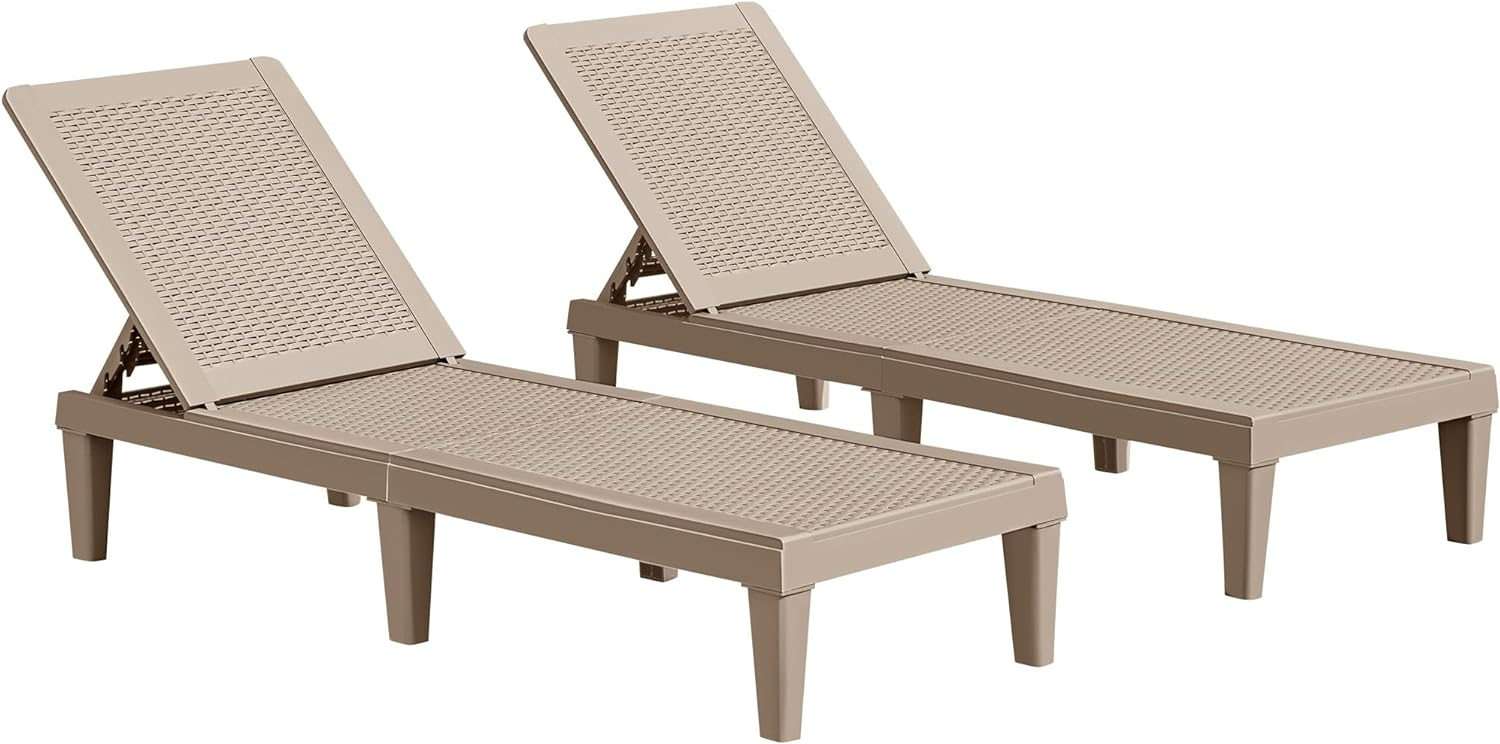JUMMICO Patio Chaise Lounge Chair Set of 2 Outdoor PE Waterproof Adjustable Easy Assembly Lounge Chairs for Outside Pool Garden Deck Beach (Light Brown, Set of 2)