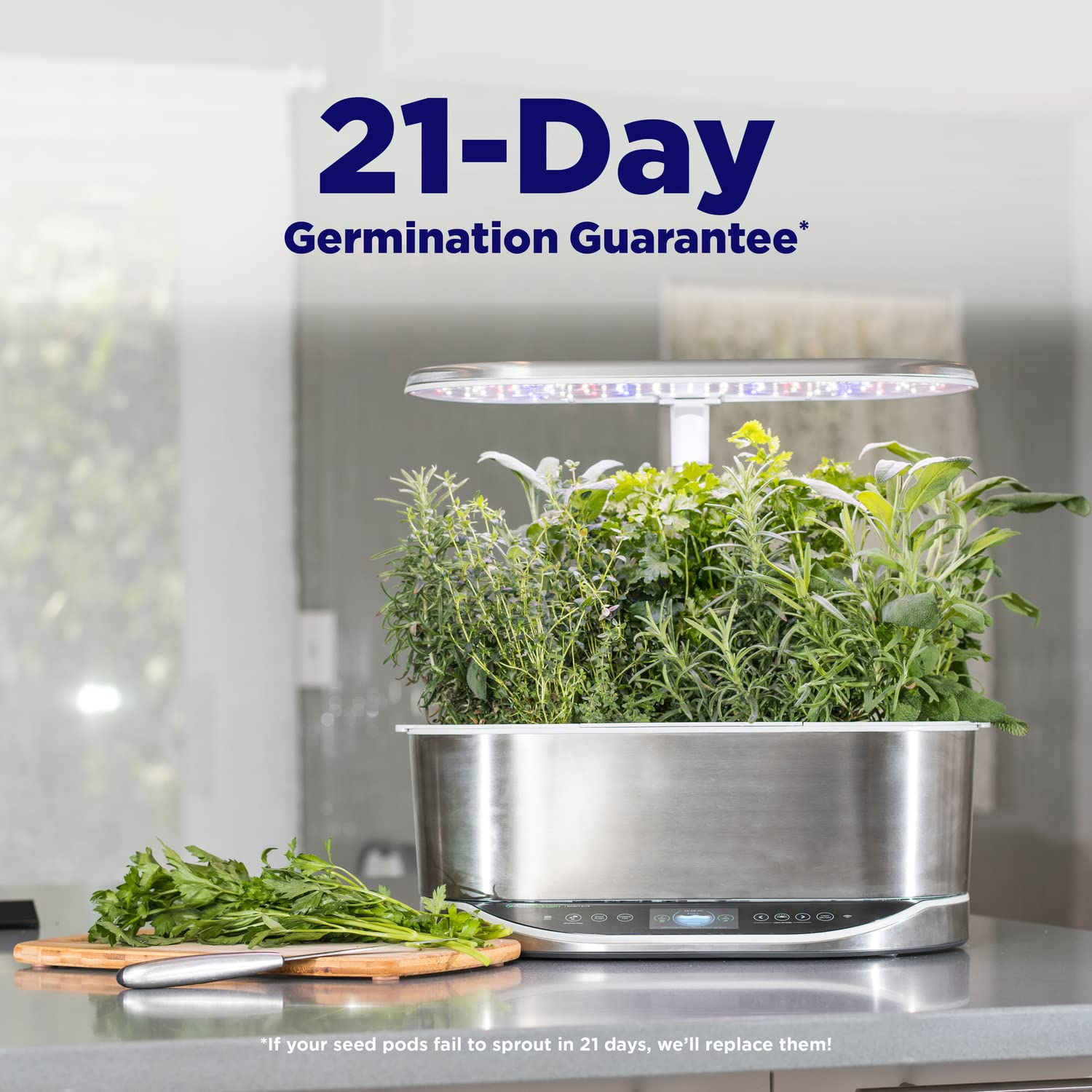 AeroGarden Bounty Elite - Jardín Interior con Luz de Cultivo LED, Acero Inoxidable Platino
