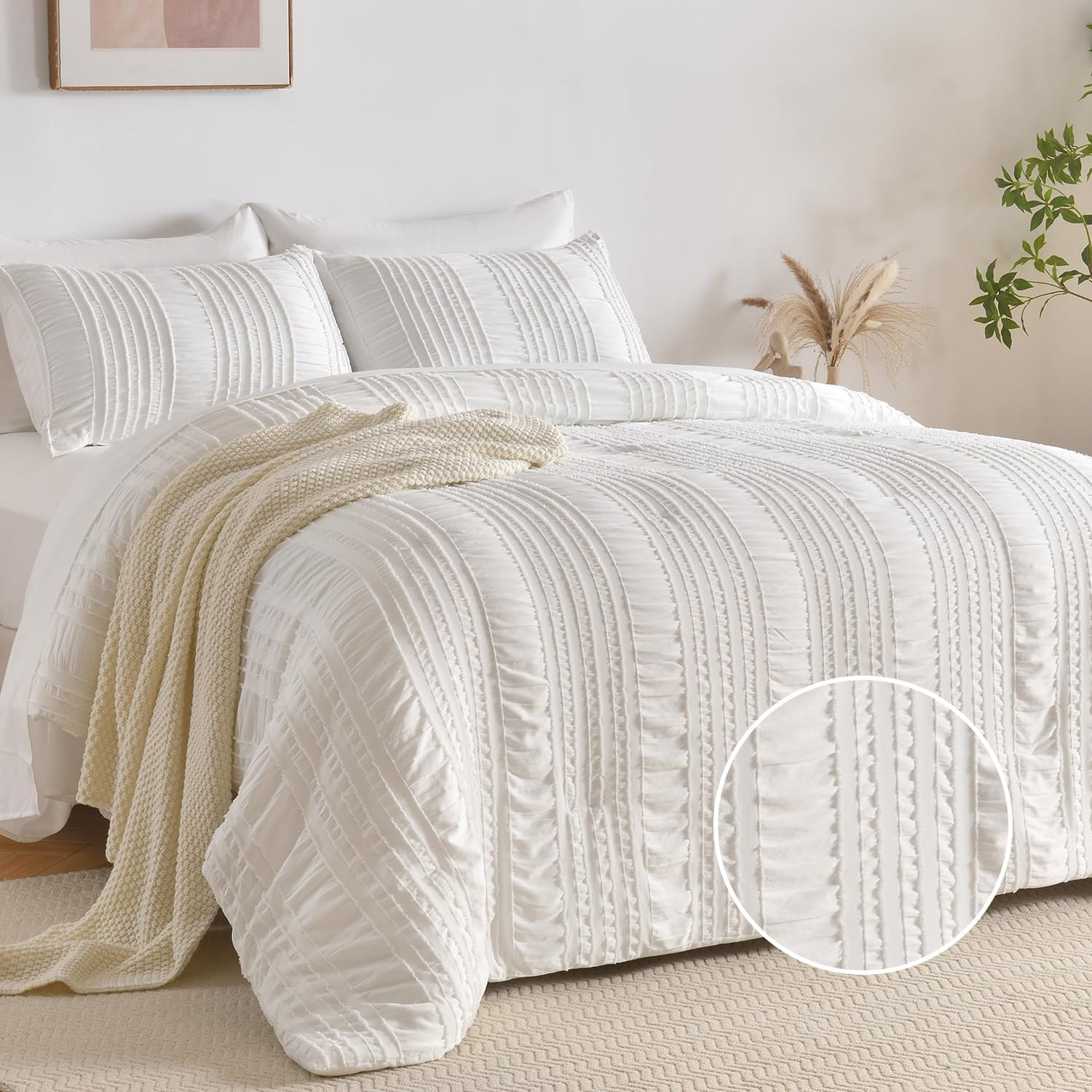 Queen Comforter Set 7 Pieces, White Tufted Bed in a Bag with Comforter and Sheets, All Season Boho Bedding Sets with 1 Comforter, 2 Pillow Shams, 2 Pillowcases, 1 Flat Sheet, 1 Fitted Sheet