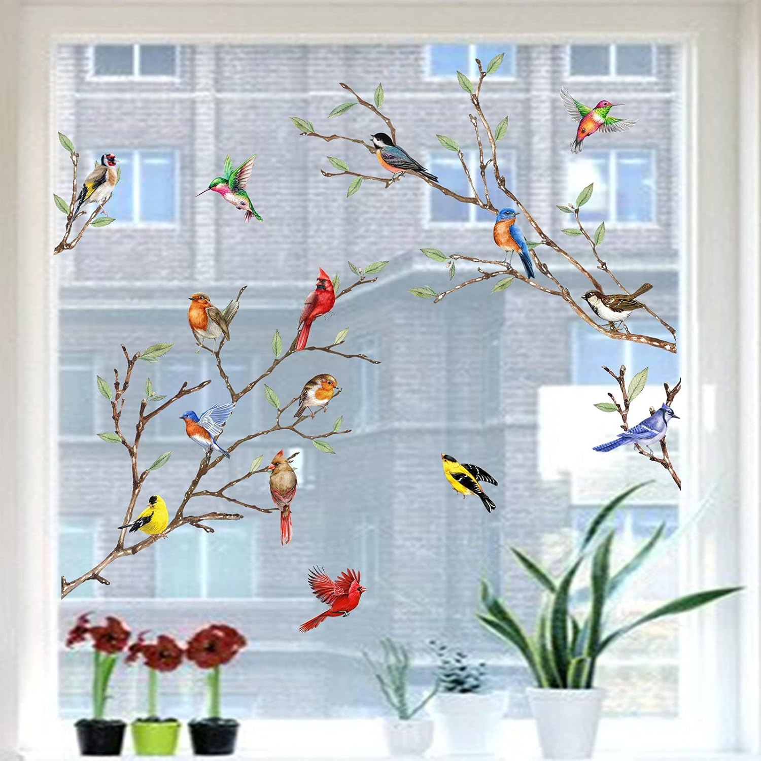 Yovkky Spring Summer Tree Branch Bird Strike Window Cling 9 Sheet, Anti Collision Cardinal Wall Glass Sticker Decal Hummingbird Bluebird Robin Decor, Fall Autumn Home Kitchen Office Fridge Decorations