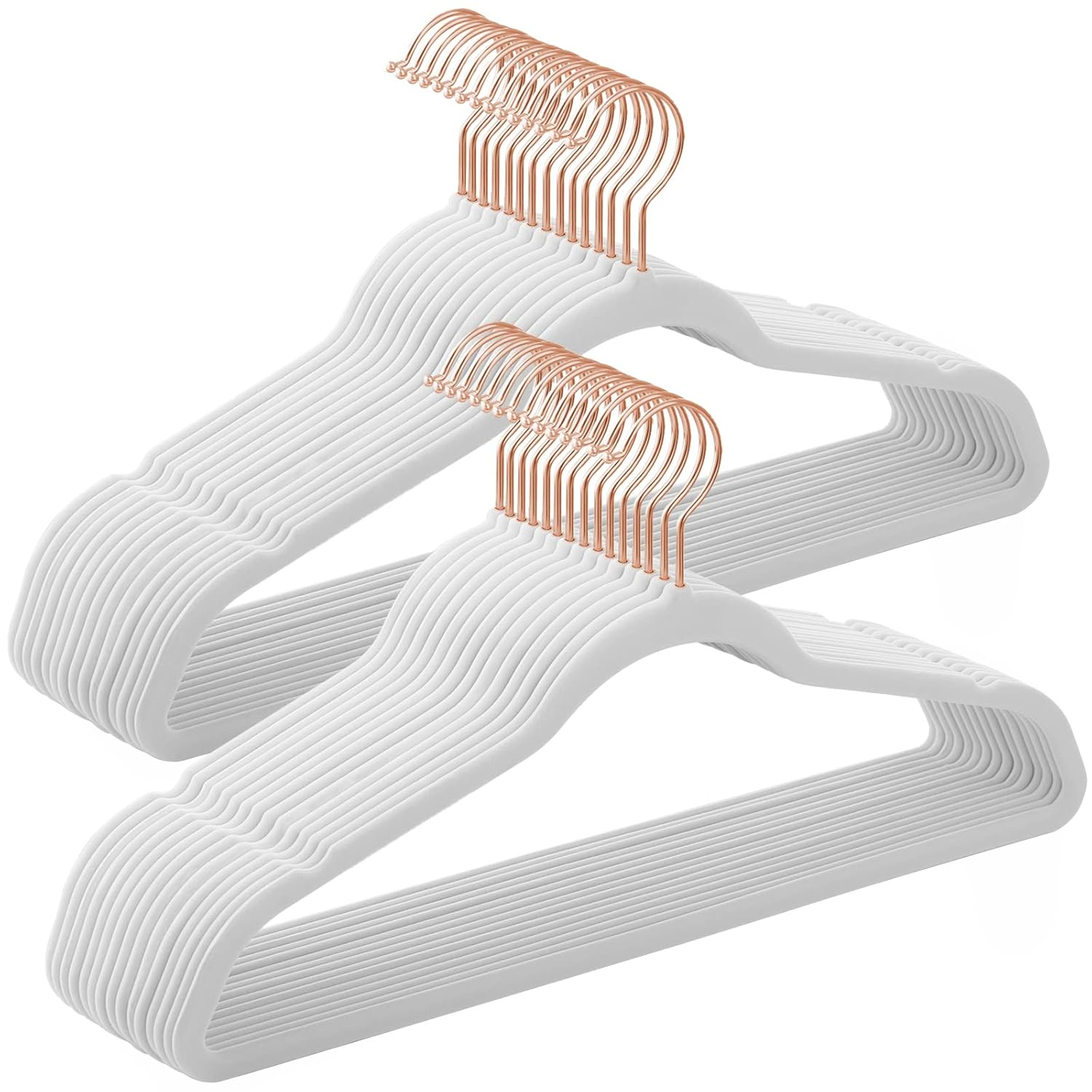 50 Pack Velvet Hangers Non-Slip Clothes Hanger with Rose Gold-Colored Swivel Hooks Space Saving White