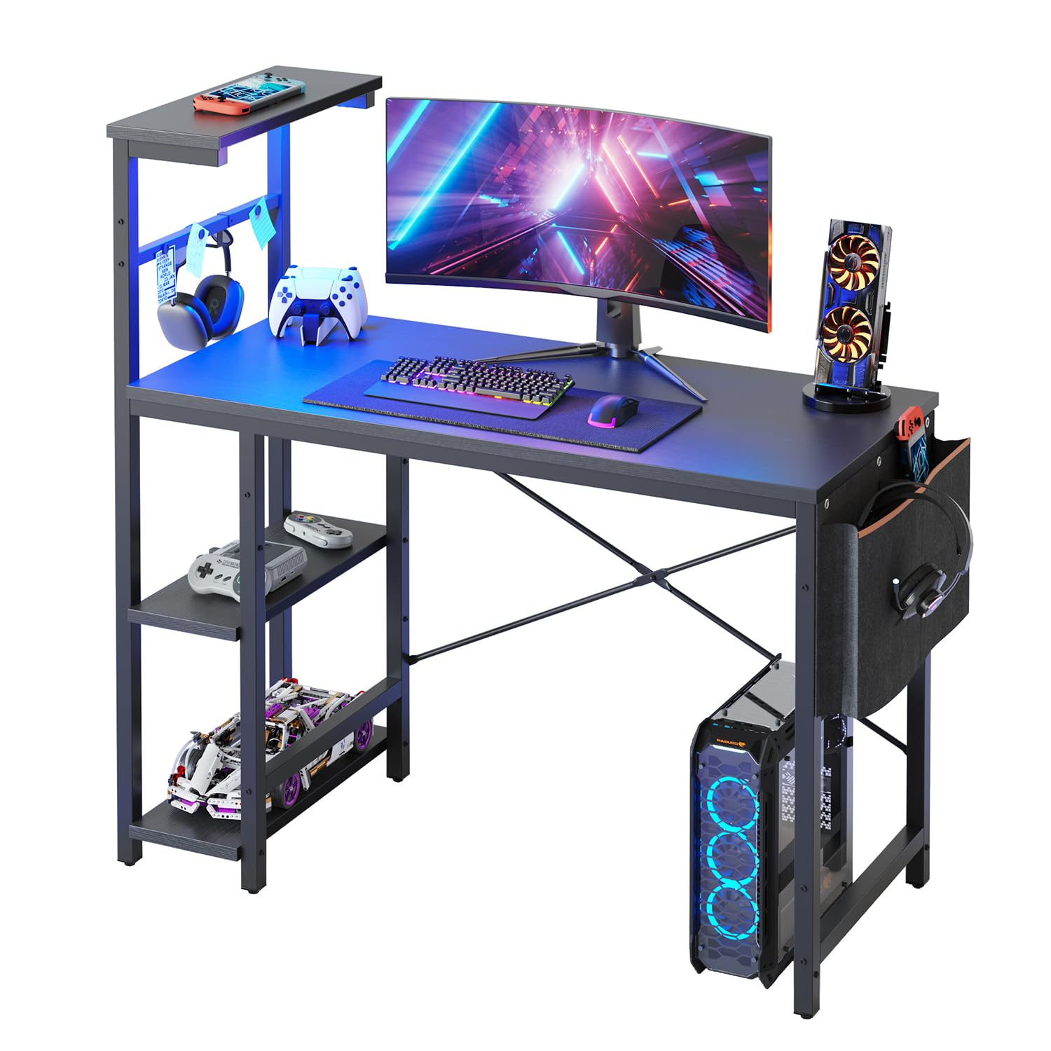 Bestier Computer Gaming PC Desk 44 inch Gamer Table with LED Lights, Reversible 4 Tier Storage Shelves, Black