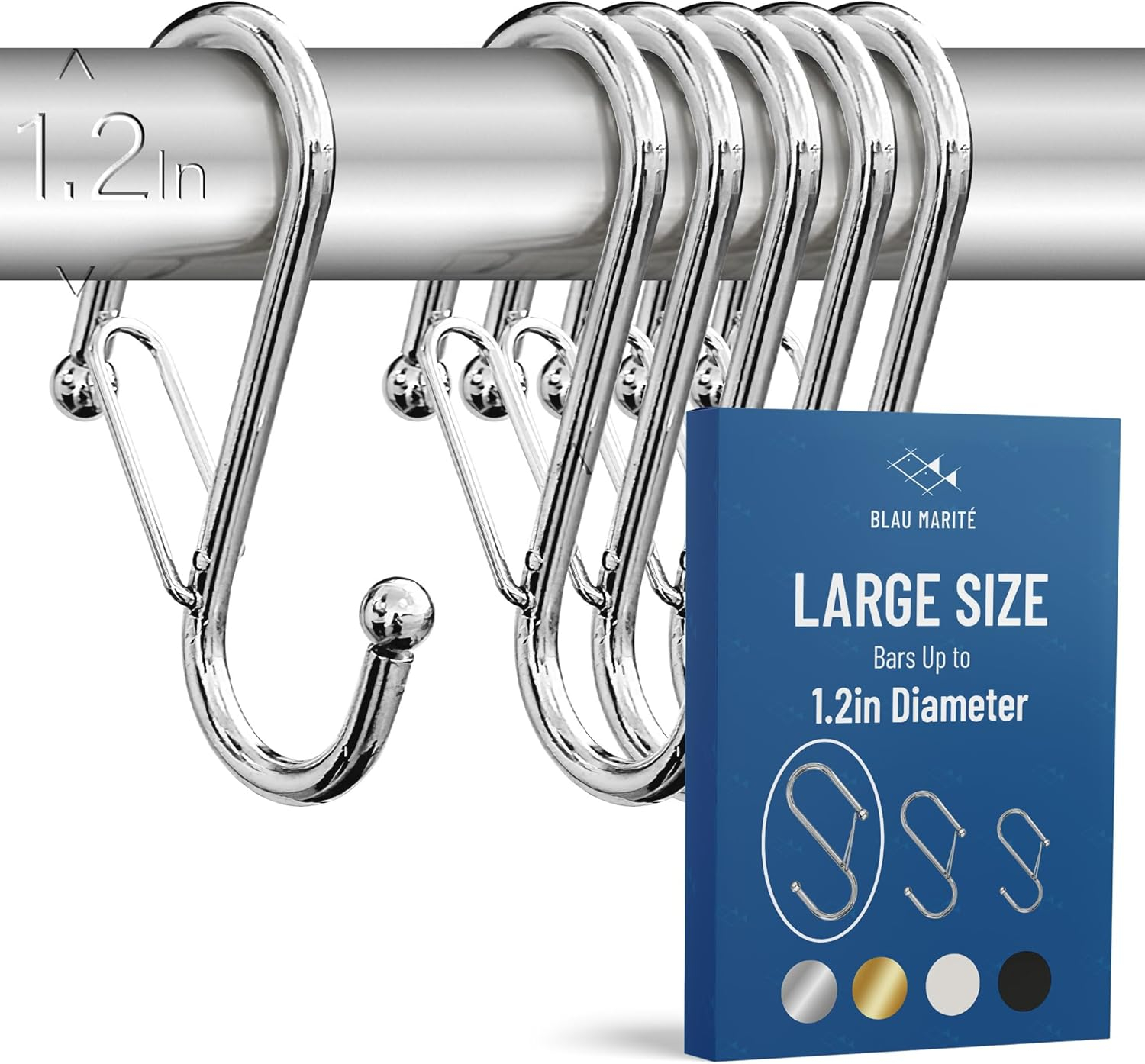 6-Pack Metal S Hooks for Hanging – Heavy-Duty S-Shaped Hook with Safety Buckle – Fits Bars up to 1.2 in – Anti-Drop S-Hooks for Closet, Wardrobes & Storage – Silver (Large)