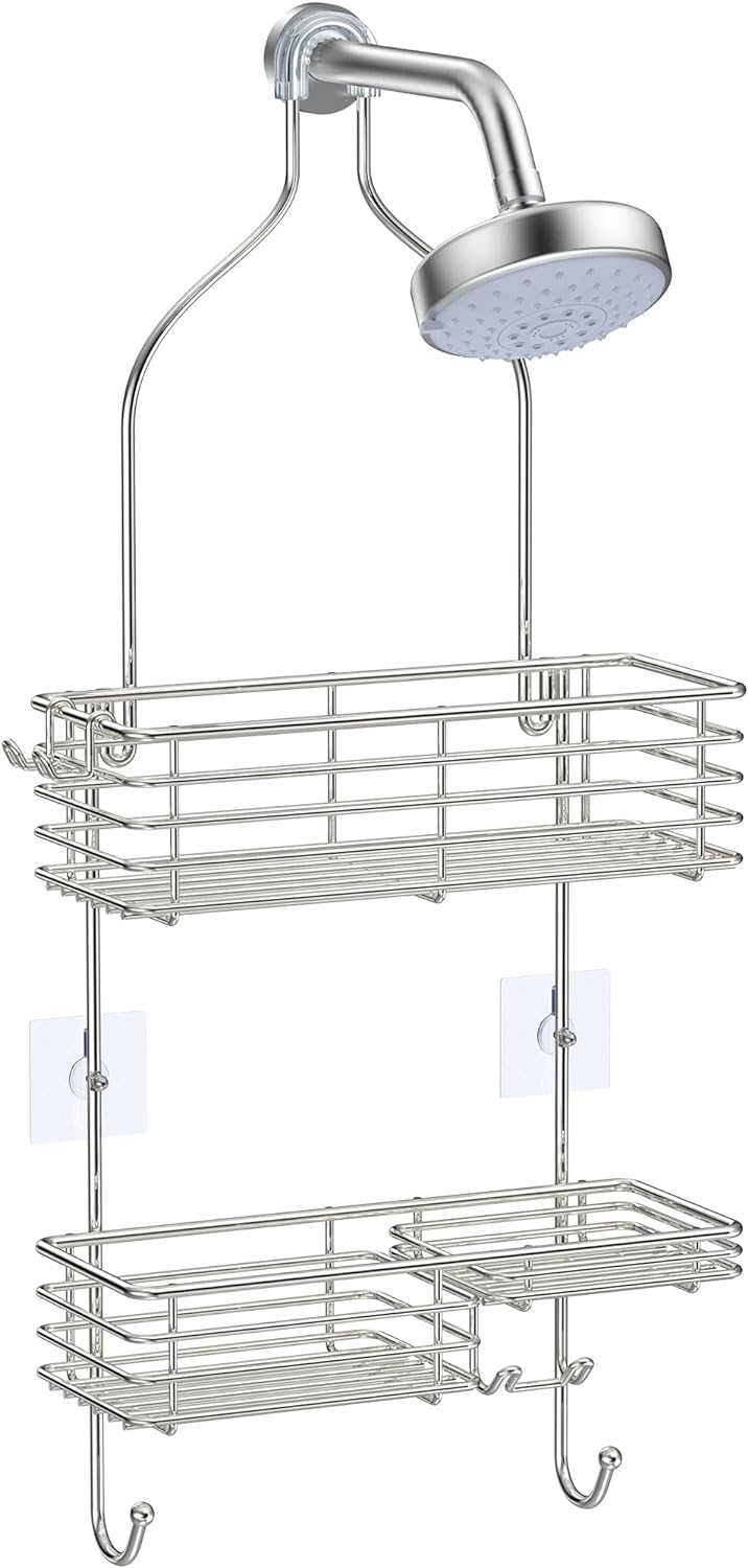 SMARTAKE Hanging Shower Head Caddy, Rustproof Bathroom Shower Room Shelf Organizer, SUS201 Stainless Steel Over The Shower Storage Rack, for Toilet, Silver