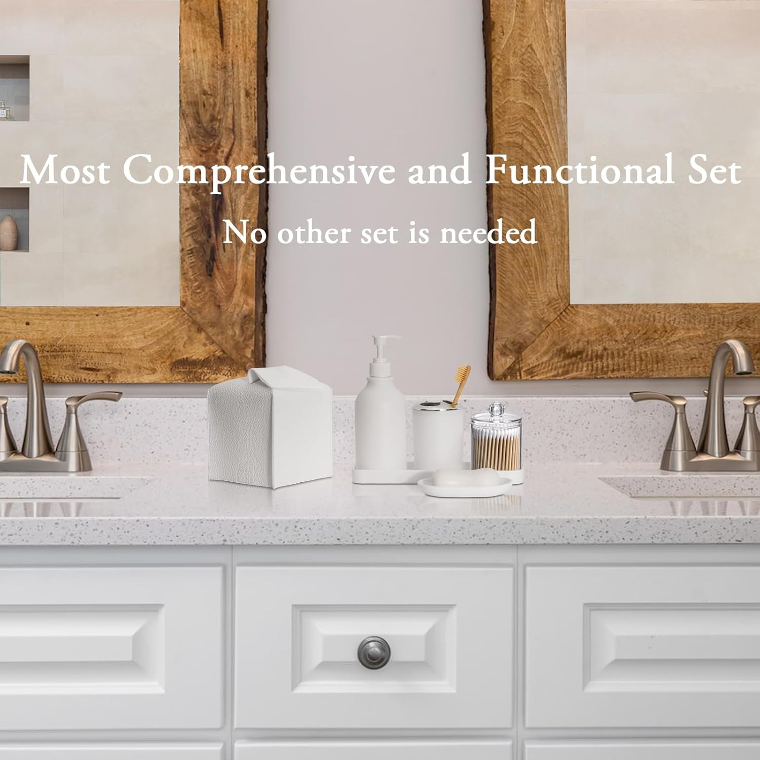 Bathroom Accessory Set - 10 PCS White Bathroom Accessories Sets Complete with Trash Can, Toothbrush Holder, Soap Dispenser, Soap Dish, Toilet Brush & Holder, Vanity Tray, Qtip Holder, Tissue Box Cover