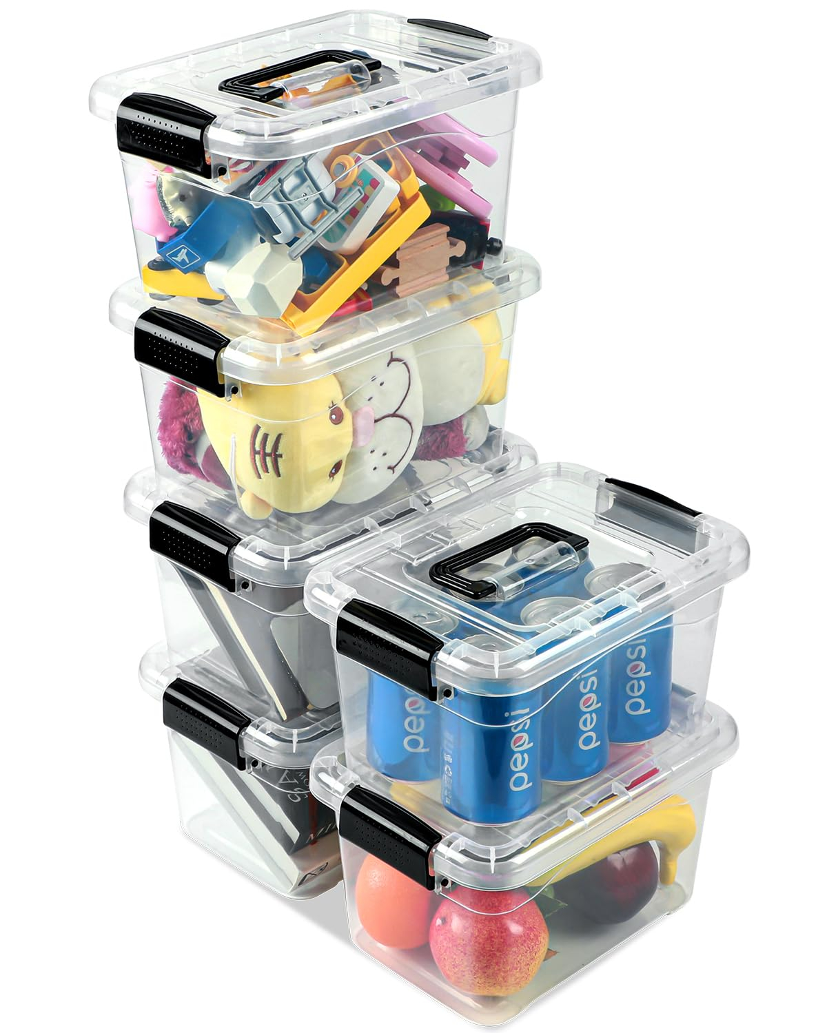 Plastic Storage Bins 7 Quart-Storage Organizer Bins with Black Buckle Lids, Stackable Storage Bins with Lids for Home Office Kids Room Closet School Art Supplies Organization,6 Packs, Clear