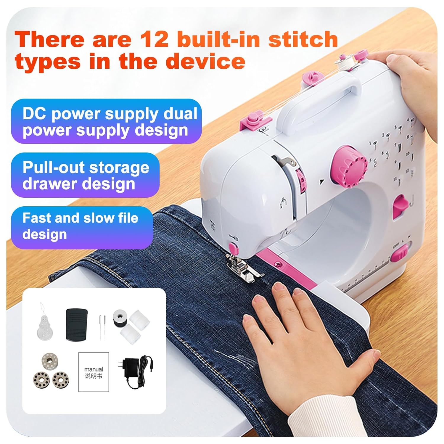 VIFERR Portable Sewing Machine, Mini Handheld Electric Sewing Machines 12 Stitches for Beginners Kids - Pink