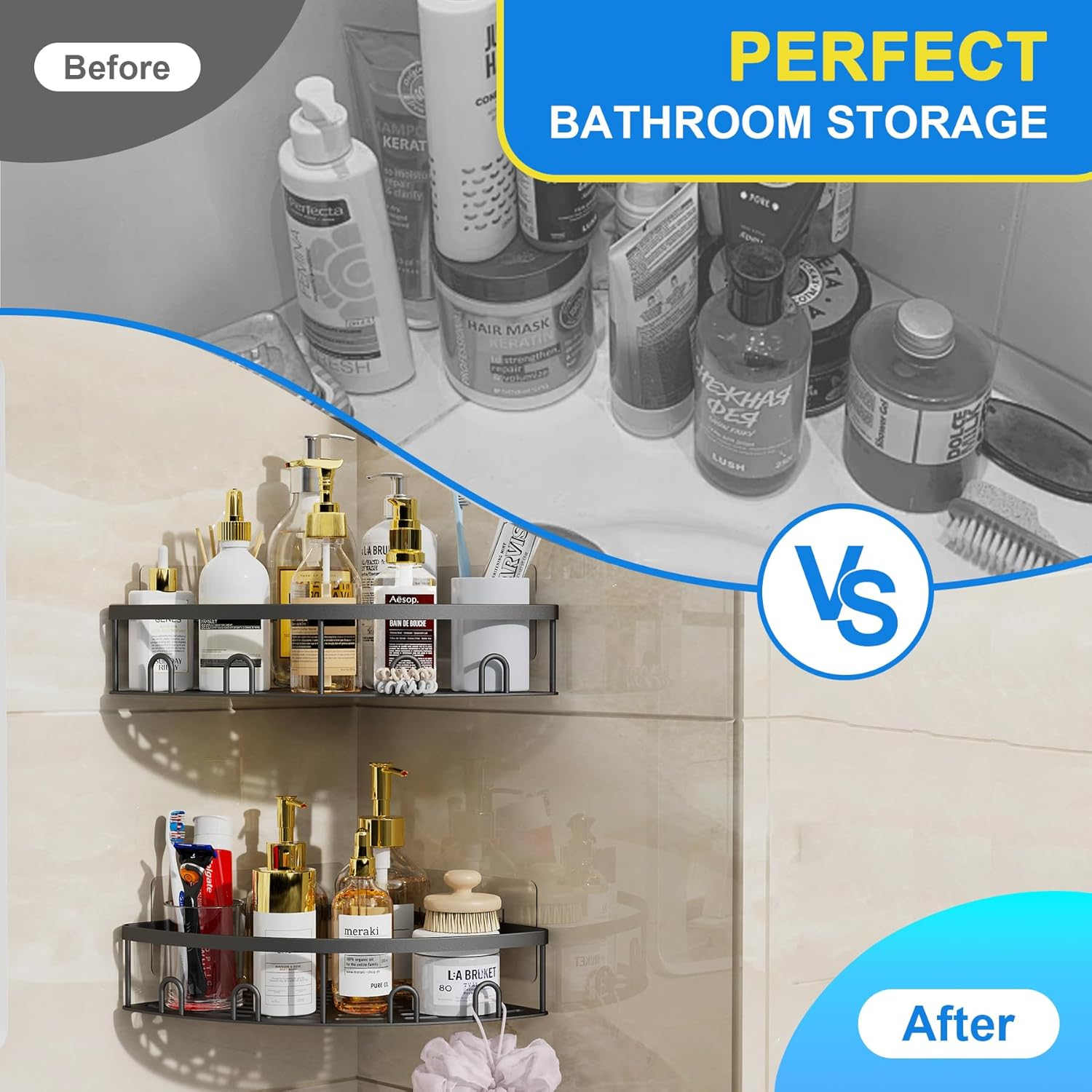 Corner Shower Caddy, 2 Pack Adhesive Bathroom Shower Corner Organizer Shelf, No Drilling Rustproof Wall Mounted Shower Storage Rack Shampoo Holder Organizer (Black)