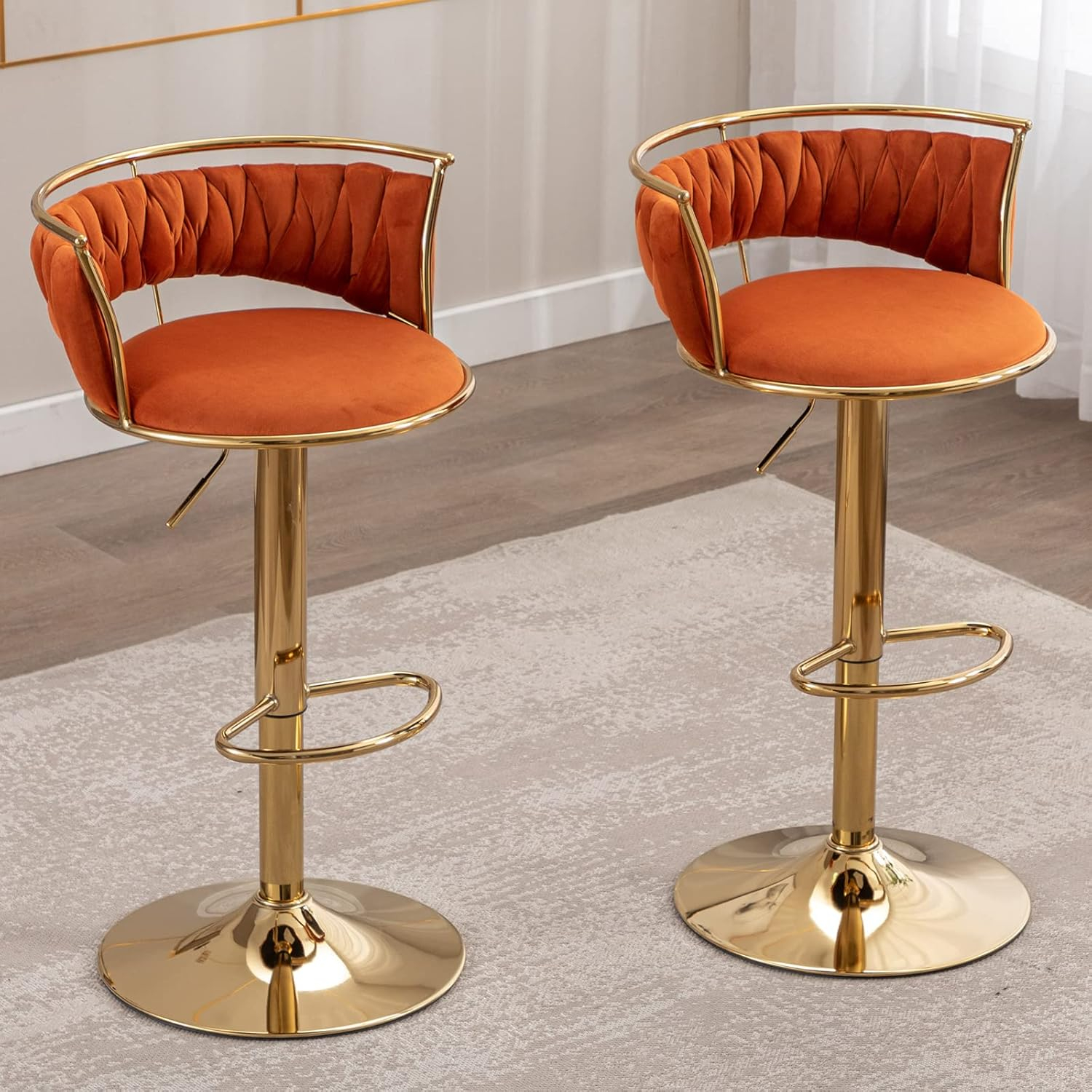 Modern Velvet Adjustable Swivel Bar Stools Set of 2 Orange