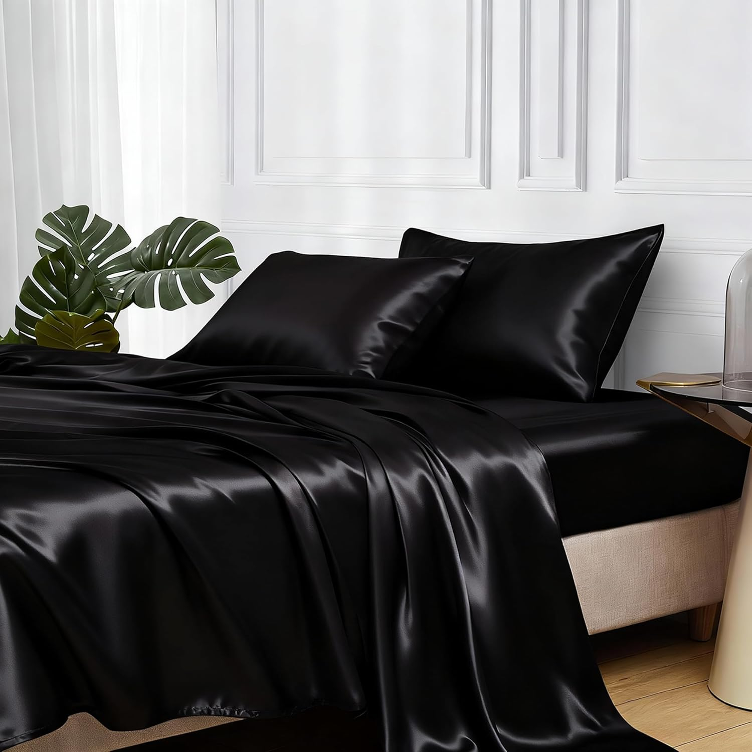 MR&HM Satin Sheet Set Queen 4 Pcs, Silky Elegant Luxurious Queen Size Bed Sheets, with Flat Sheet, Deep Pocket Fitted Sheet for Mattress and Matching Satin Pillow Cases (Queen Size, Black)