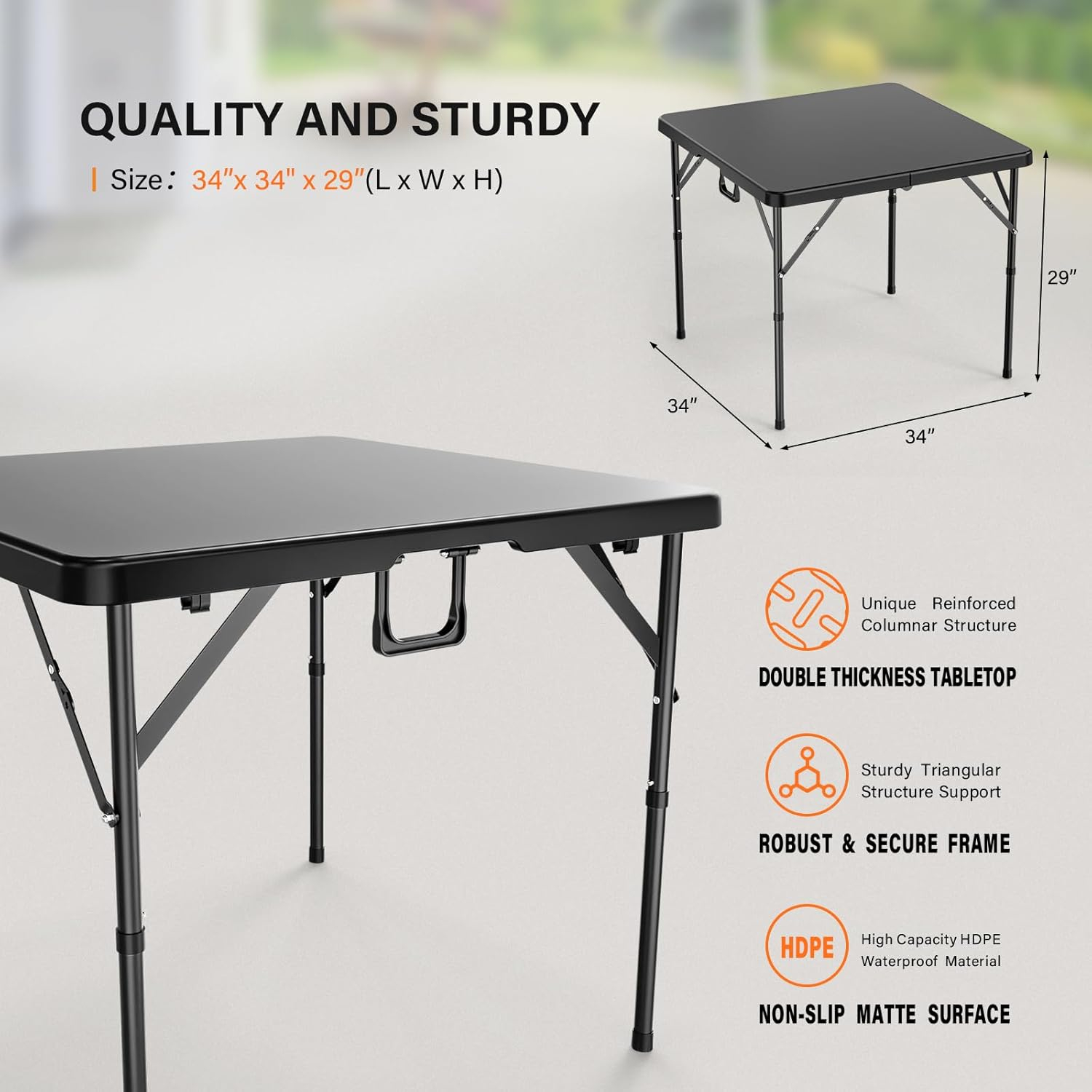 VINGLI 34" Fold in Half Square Table, Bi-Folding Commercial Table, Portable Plastic Dining Card Table for Kitchen or Outdoor Party Wedding Event, Black
