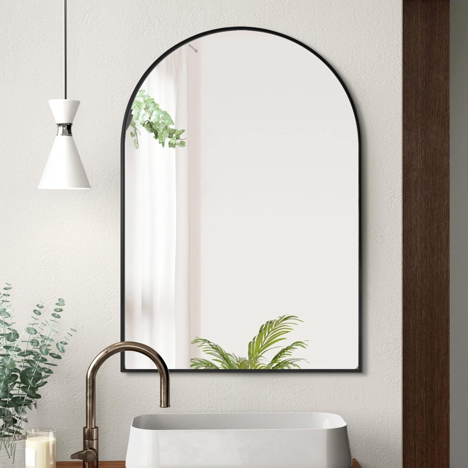 24 in. W x 36 in. H Arched Black Aluminum Alloy Framed Wall Mirror