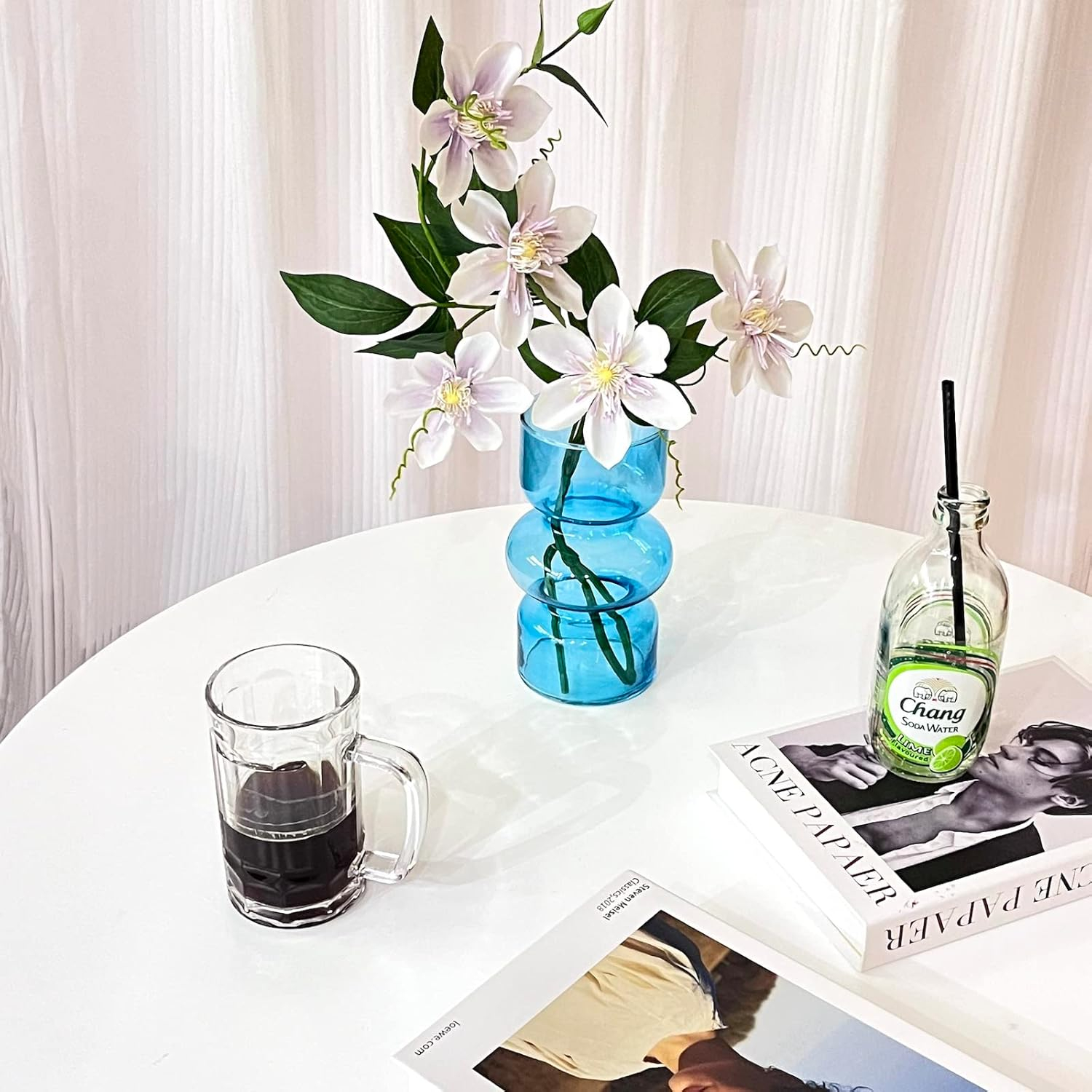 BLOFLO Blue Transparent Glass Hydroponic Vase, 7Inches Colored Glass Vase for Flower, Modern Geometric Three-Layer Floral Vases for Home Office Wedding Table Décor(Blue)