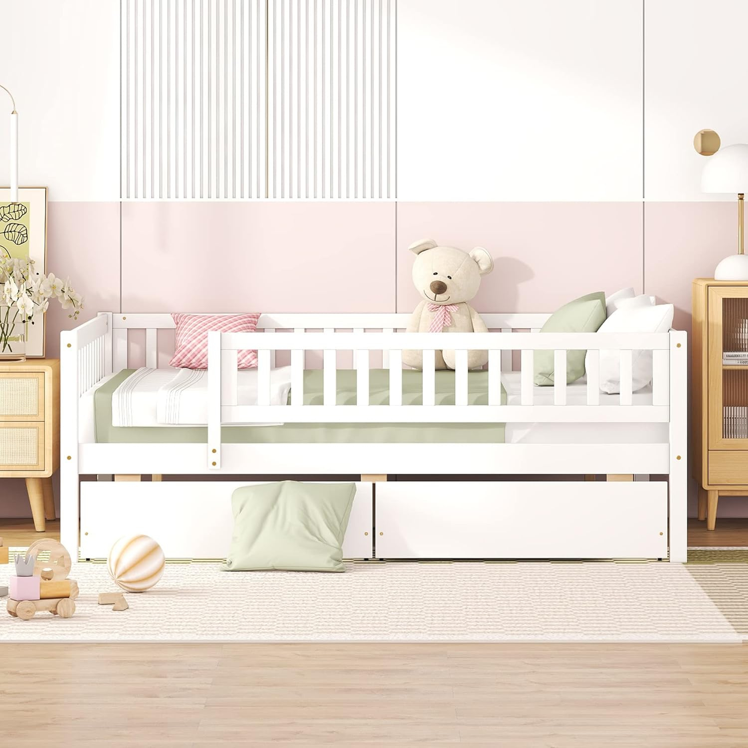 DEINPPA Full Bed with Drawers, Kids Daybed with Storage, Wooden Bed Frame with Slat for Kids Children Toddlers Boys Girls-White