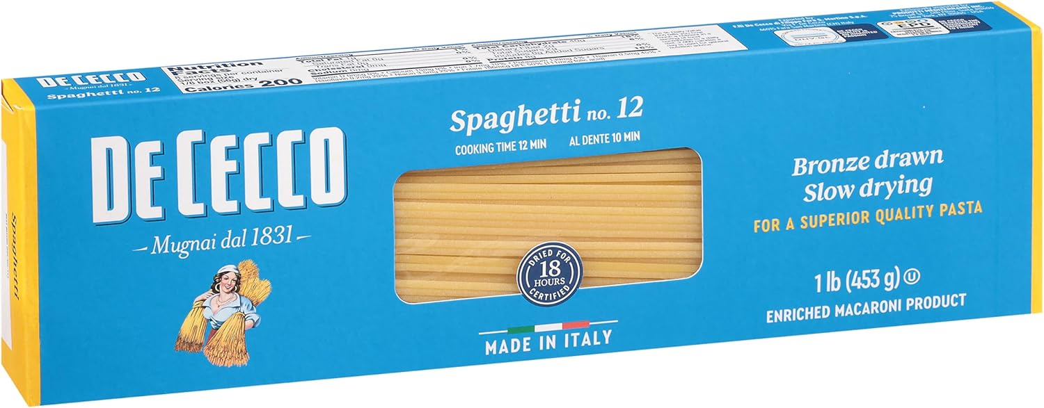 De Cecco Spaghetti no.12 Pasta, 1 LB. made from coarse Semolina (made from durum wheat). Non GMO and slow dried. Contains Wheat. May contain soy.