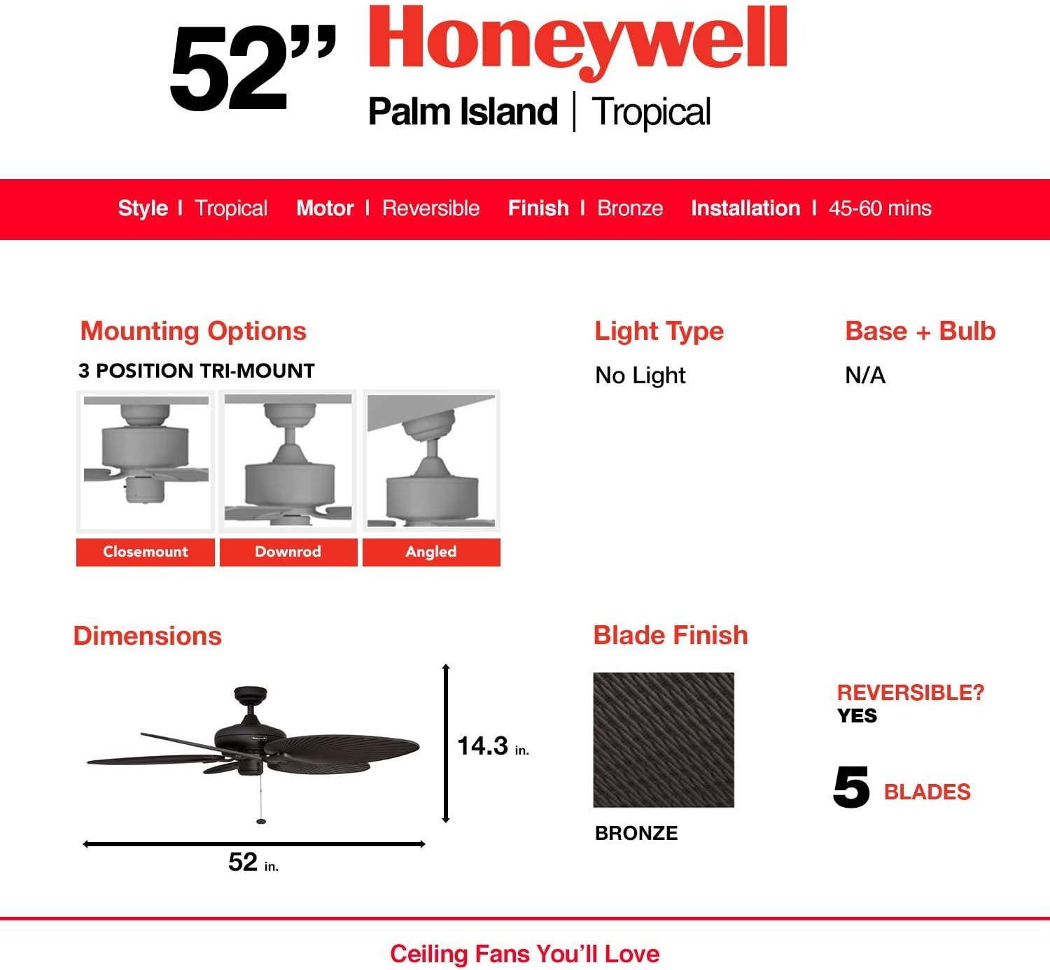 Honeywell Ceiling Fans Palm Island, 52 Inch Tropical Indoor Outdoor Ceiling Fan with No Light, Pull Chain, Three Mounting Options, 5 Palm Leaf Blades, Wet-Rated - 50207-01 (Bronze)