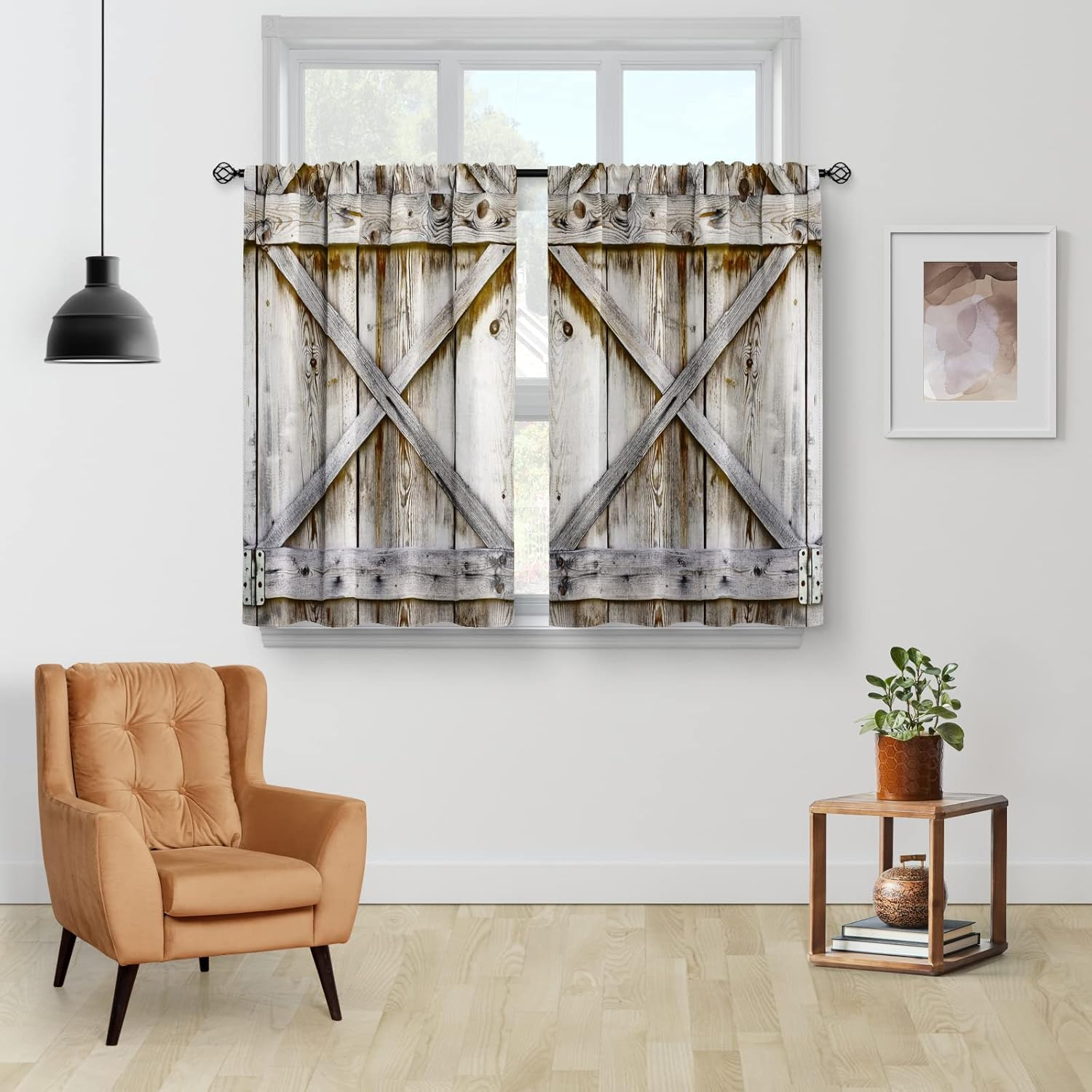 Aimego Farmhouse Country Wood Kitchen Curtains - Wooden Barn Door Vintage Short Tier Curtains Over Sink Natural Rustic Farm Decor Rod Pocket Window Drapes 24 Inch Length 2 Panel Set, 28"x24"