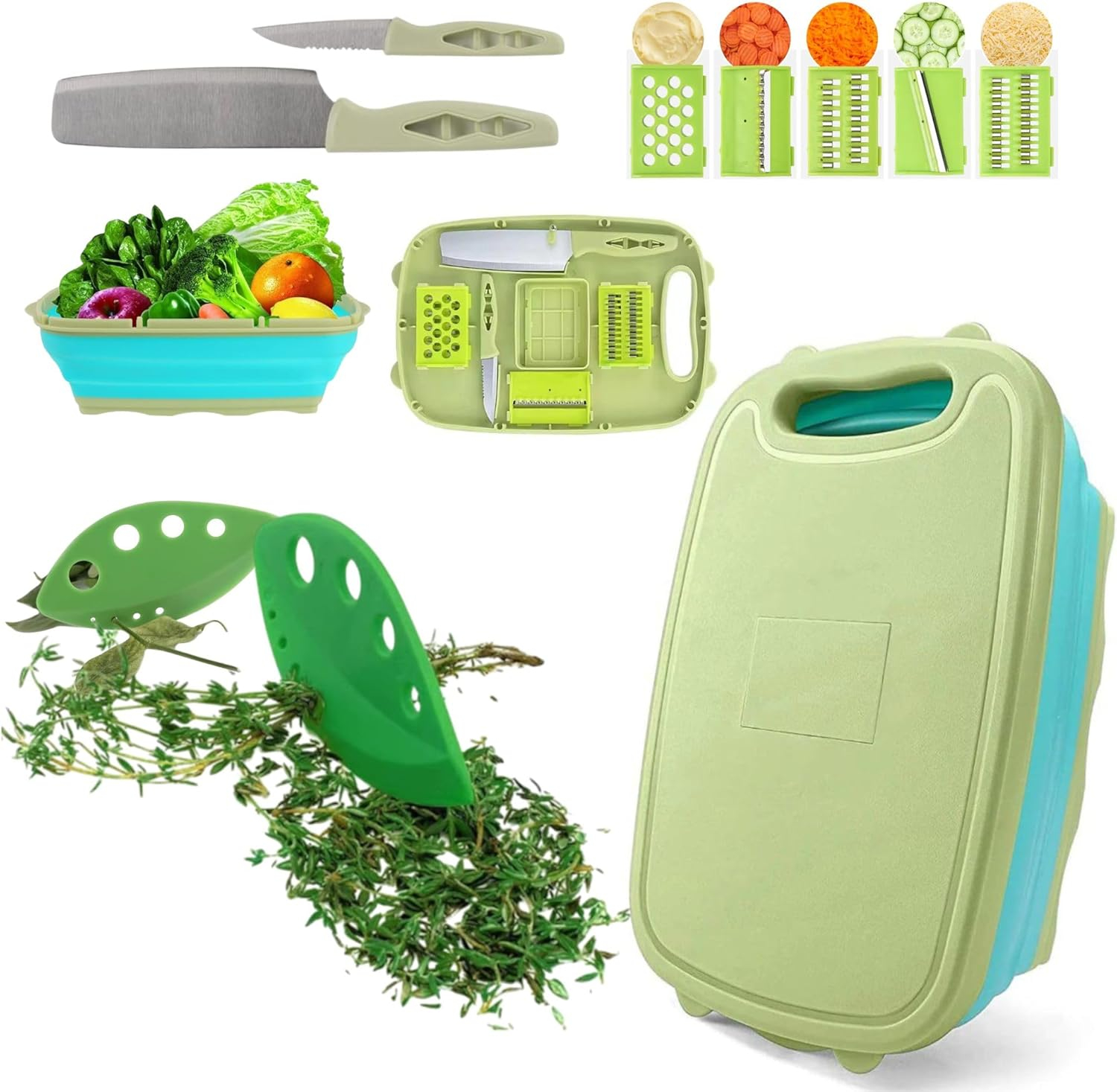 R&M HOME Green Plastic Multi-Functional Folding Cutting Board, 9-in-1 with Grating, Chopping, Slicing, Cutting, and Washing Functions for Vegetables and Fruits, Knife-Safe, Perfect for Kitchen.