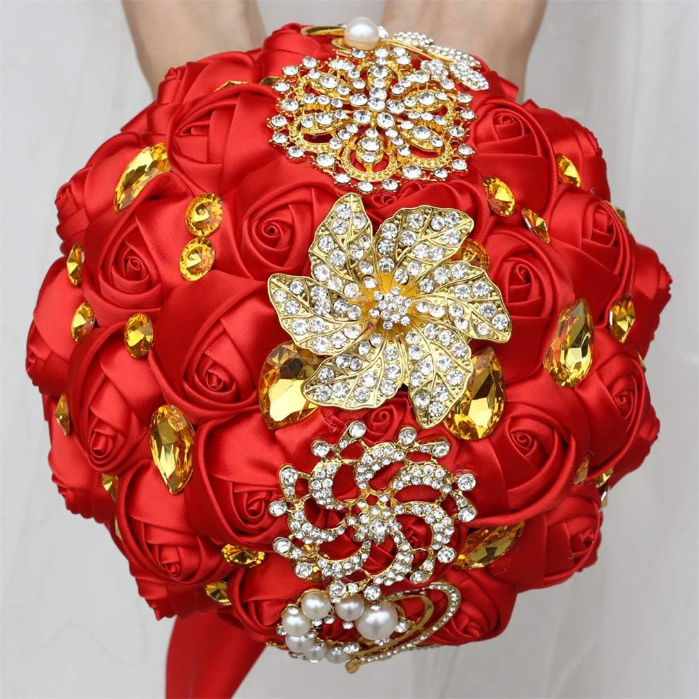 Customization Satin Rose Wedding Bouquet Gold Brooch Crystal Rhinestone Bride Bouquet Wedding Flowers, Burgundy