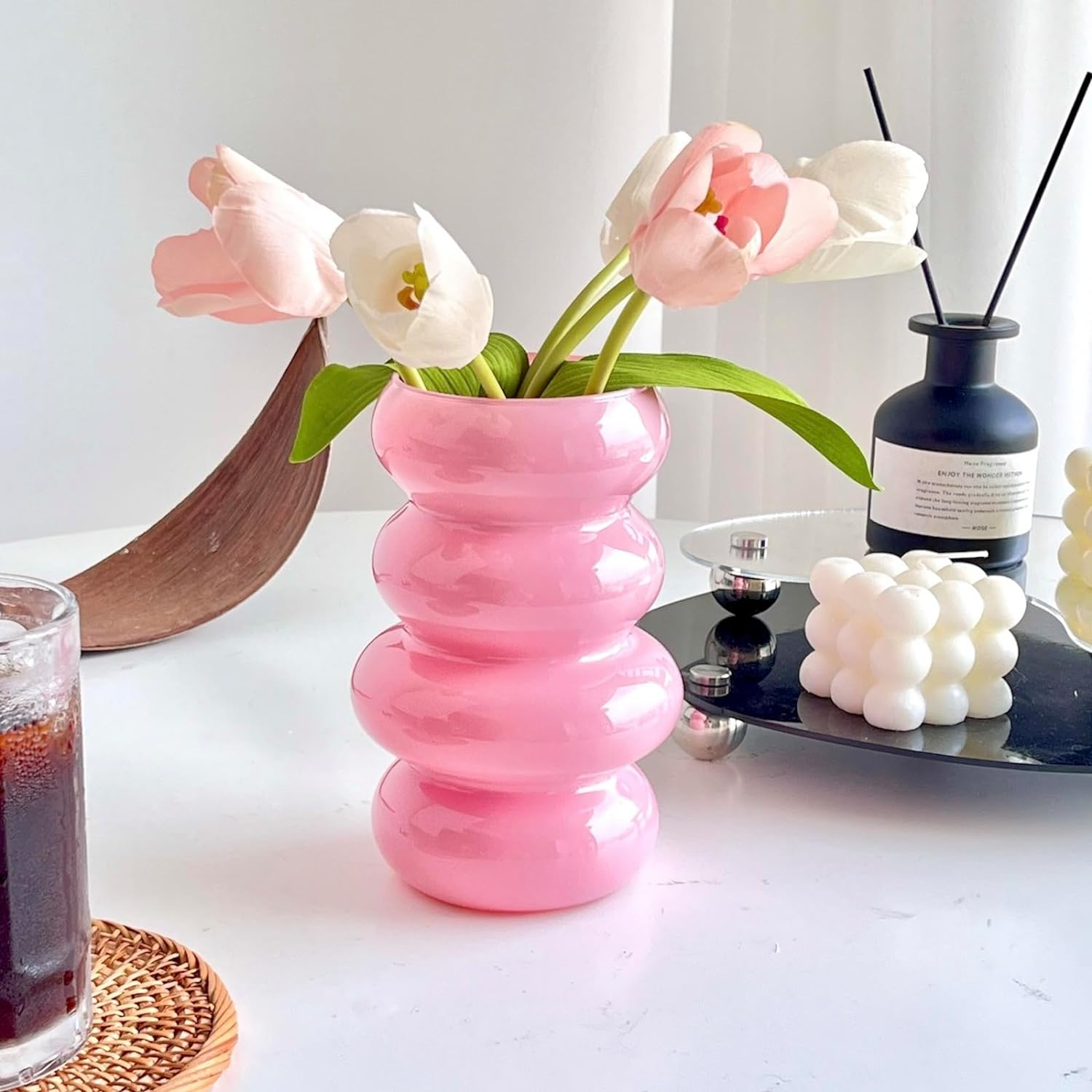 BLOFLO Colored Glass Hydroponic Flower Vase, 7-Inch Pink Glass Vase, Four-Layer Geometric Glass Floral Vase for Home Décor, Modern Bubble Glass Vase for Home Office Wedding Table (Pink)