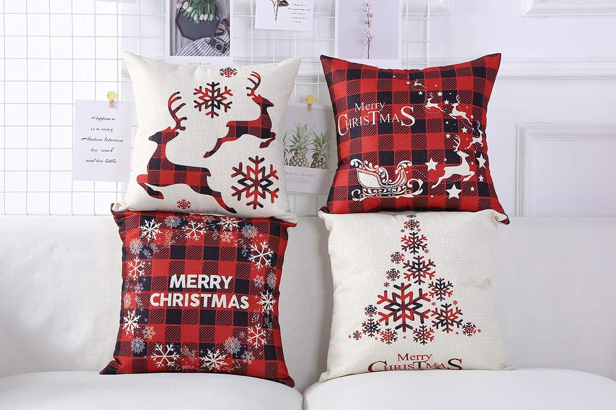 18x18 Christmas Throw Pillow Covers, Decorative Outdoor Farmhouse Merry Christmas Xmas Christmas Tree Pillow Shams Cases Slipcovers Set of 4 for Couch Sofa