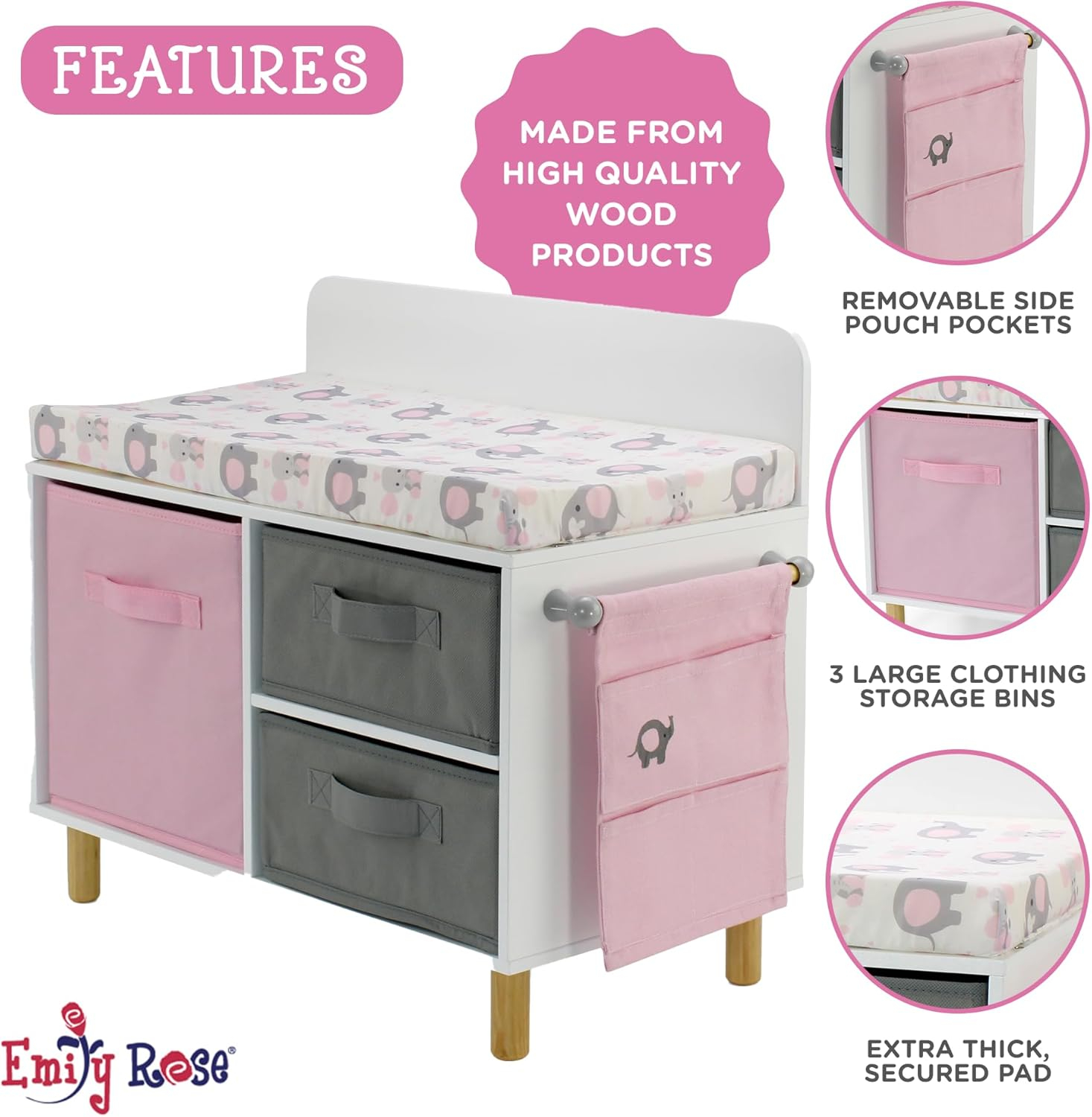Emily Rose - Toy Baby Doll Crib Set for Little Girls, Changing Table Furniture with Clothes and Accessories Storage and Pockets, for 3+ Year Old Girls, Baby Doll Set and Accessories - White/Pink/Gray