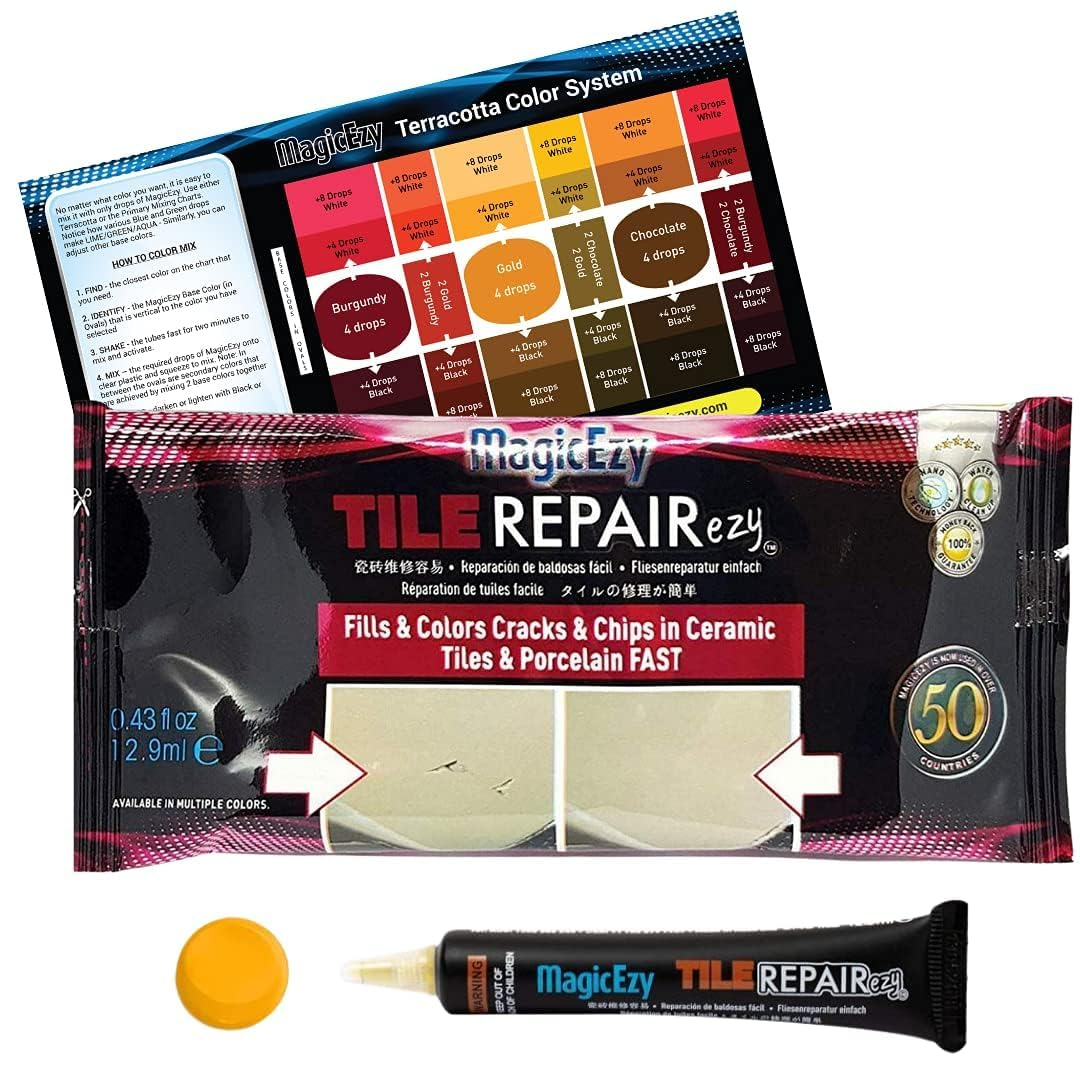 MagicEzy Tile Repair Kit: Porcelain Repair Kit - Ceramic Tile Repair Kit - Mix and Match Colors - Acrylic, Stone, Fiberglass - Wall Touch Up (Gold)