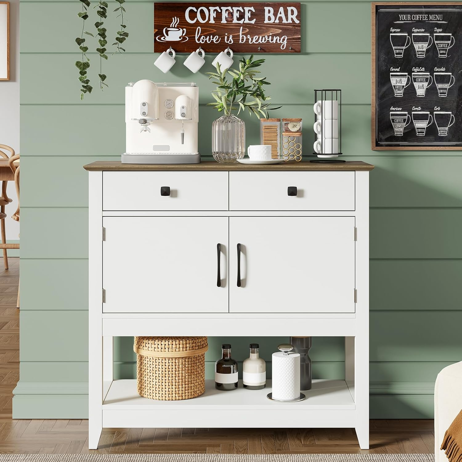 Console Table Sofa Table,Coffee Bar Cabinet,35.5" Lx 13.8" W x 34.65" H,Entryway Table with 2 Drawers & 2Door Cabinet Buffet Sideboard for Kitchen Entryway,Hallway,Foyer,White